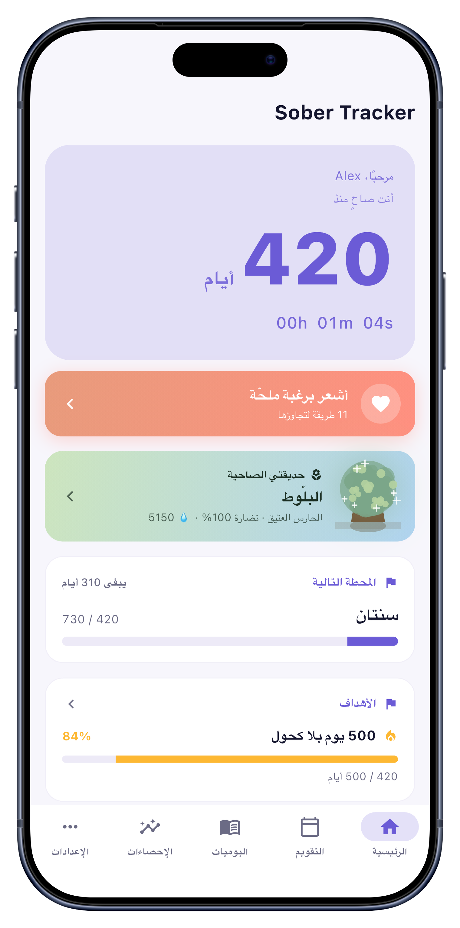 الشاشة الرئيسية تعرض عدّاد السلسلة وحديقة التعافي