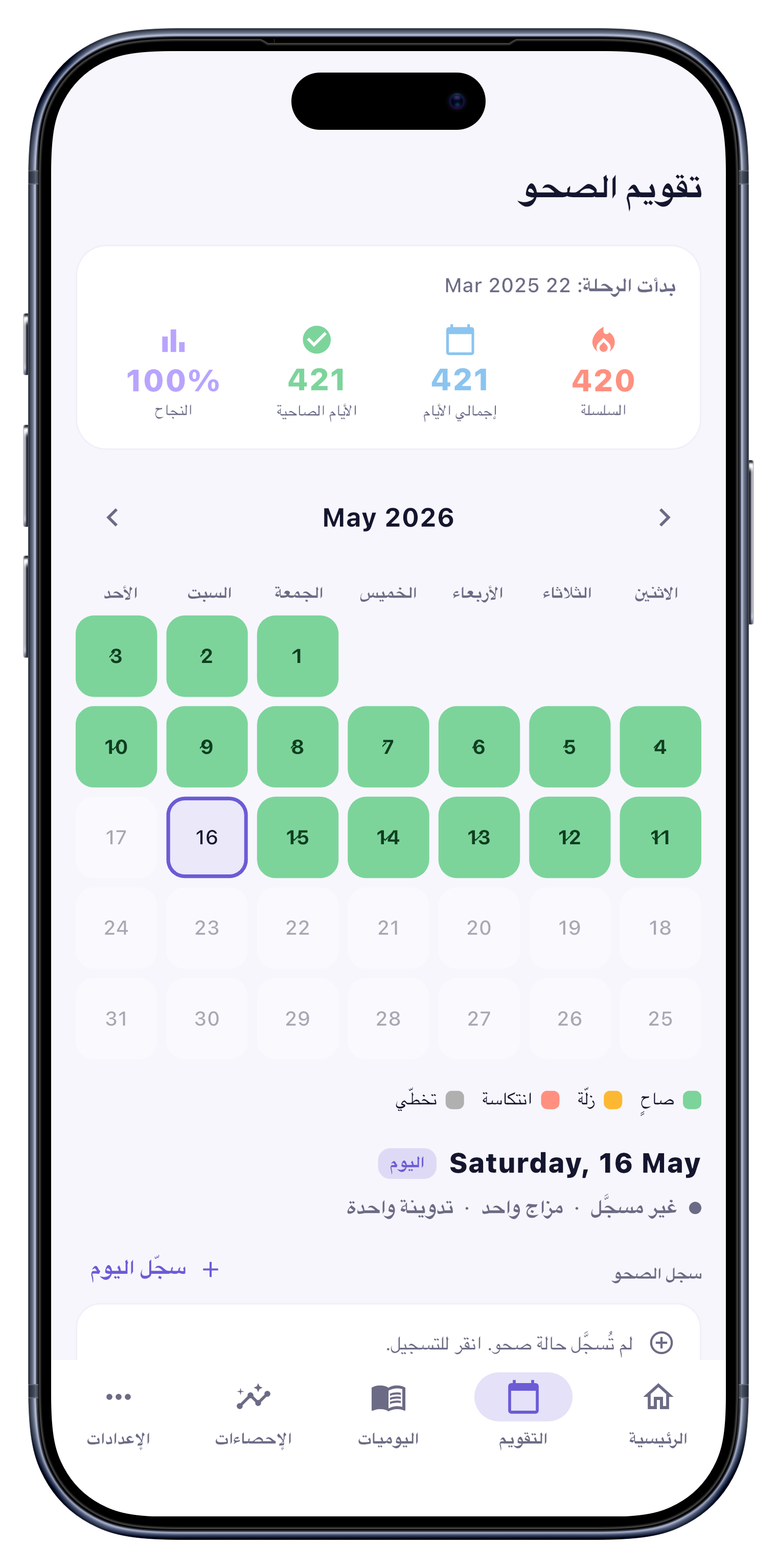 التقويم screen of Sober Tracker