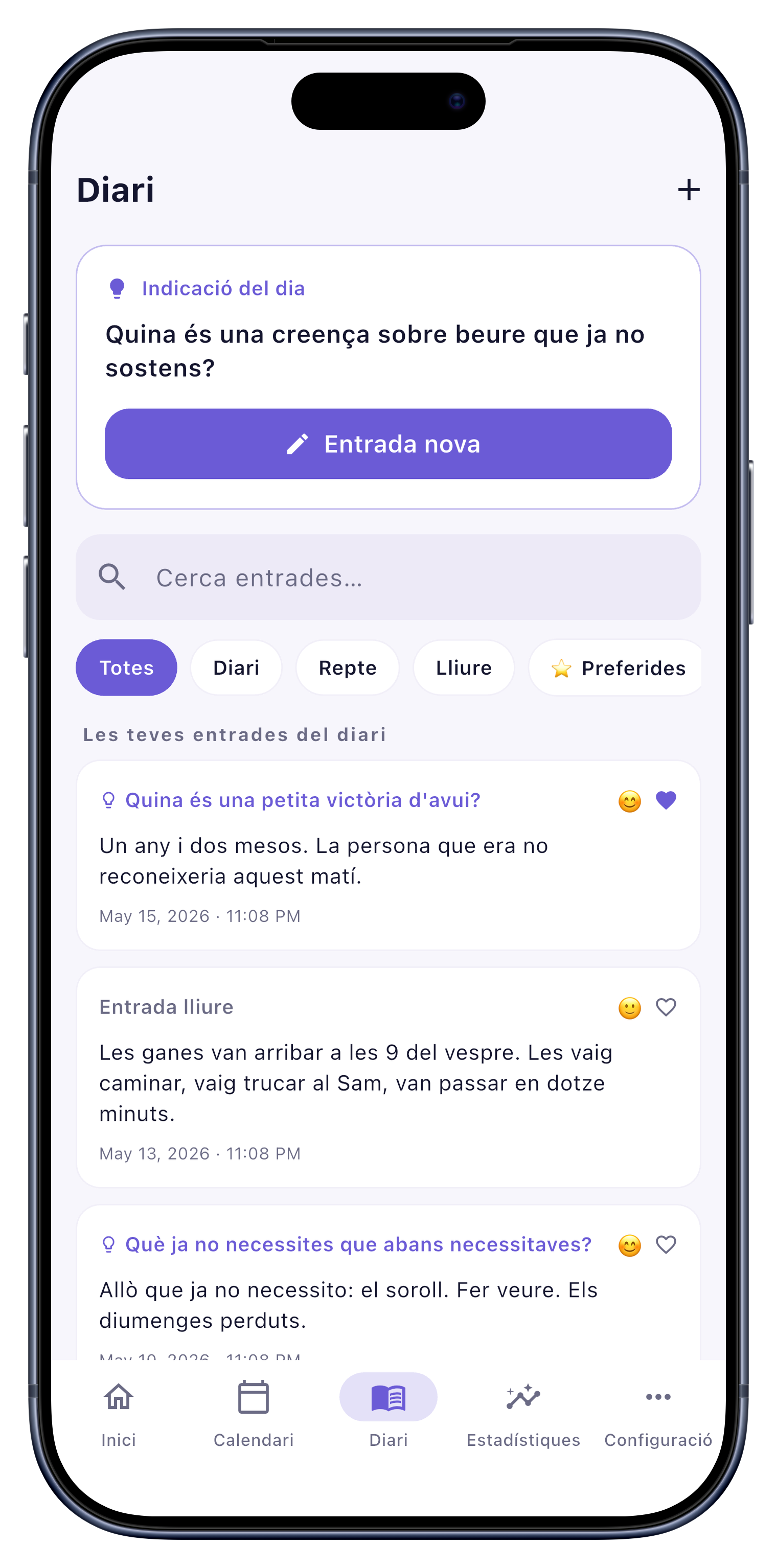 Diari screen of Sober Tracker