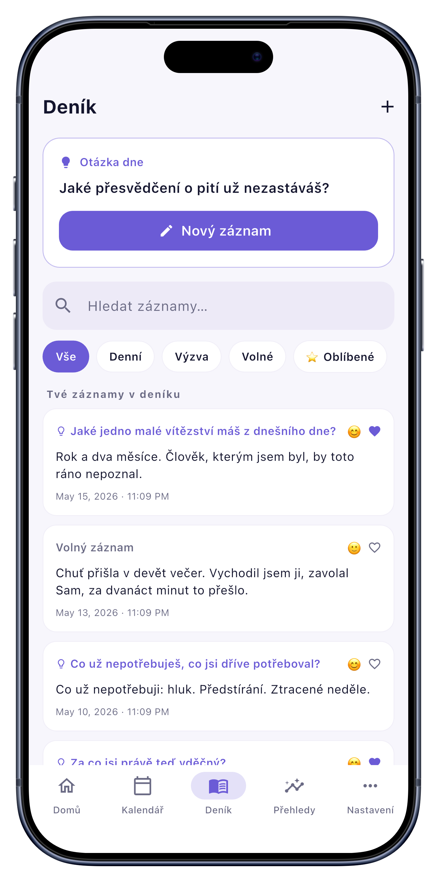 Deník screen of Sober Tracker