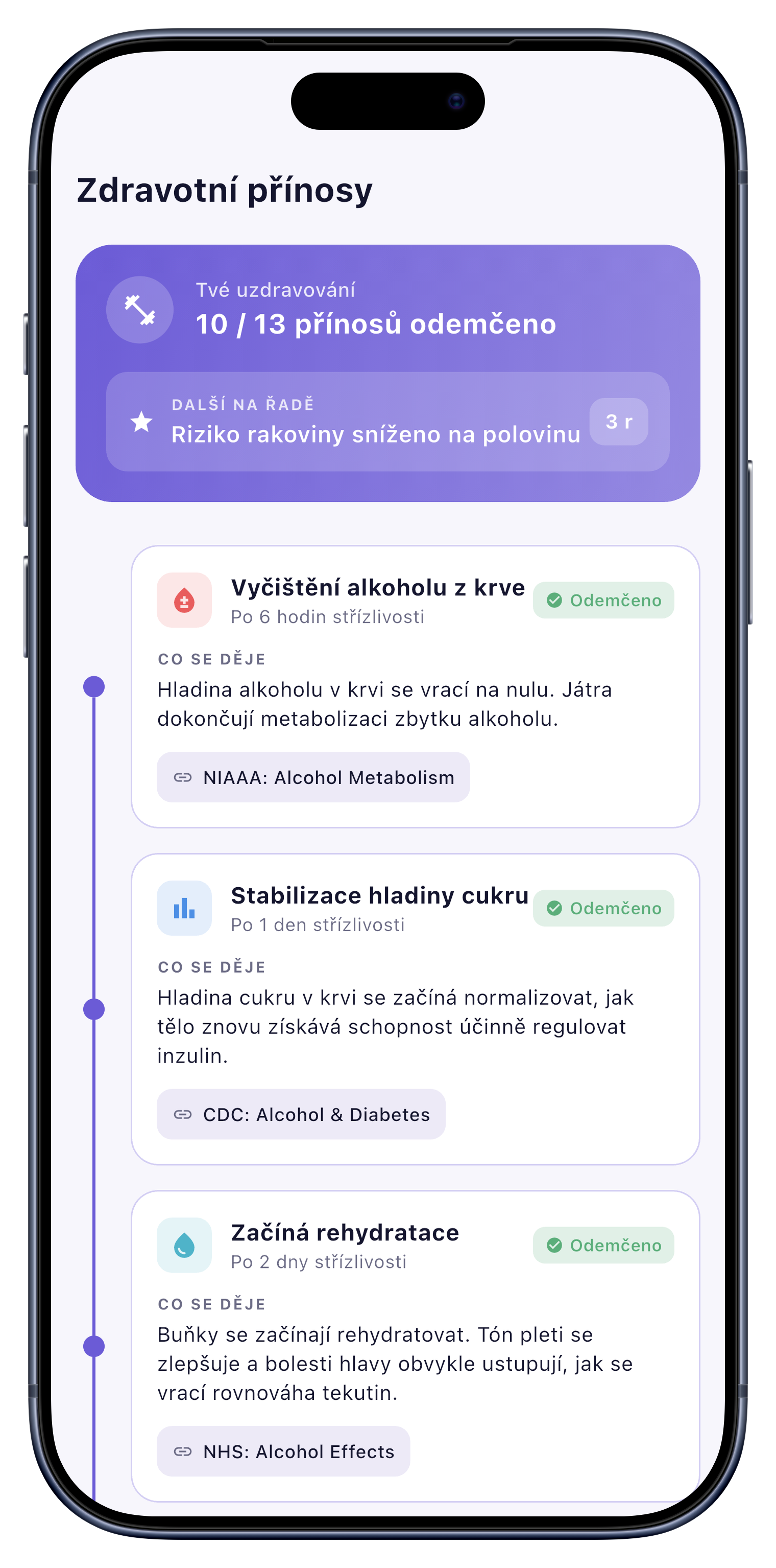 Zdraví screen of Sober Tracker