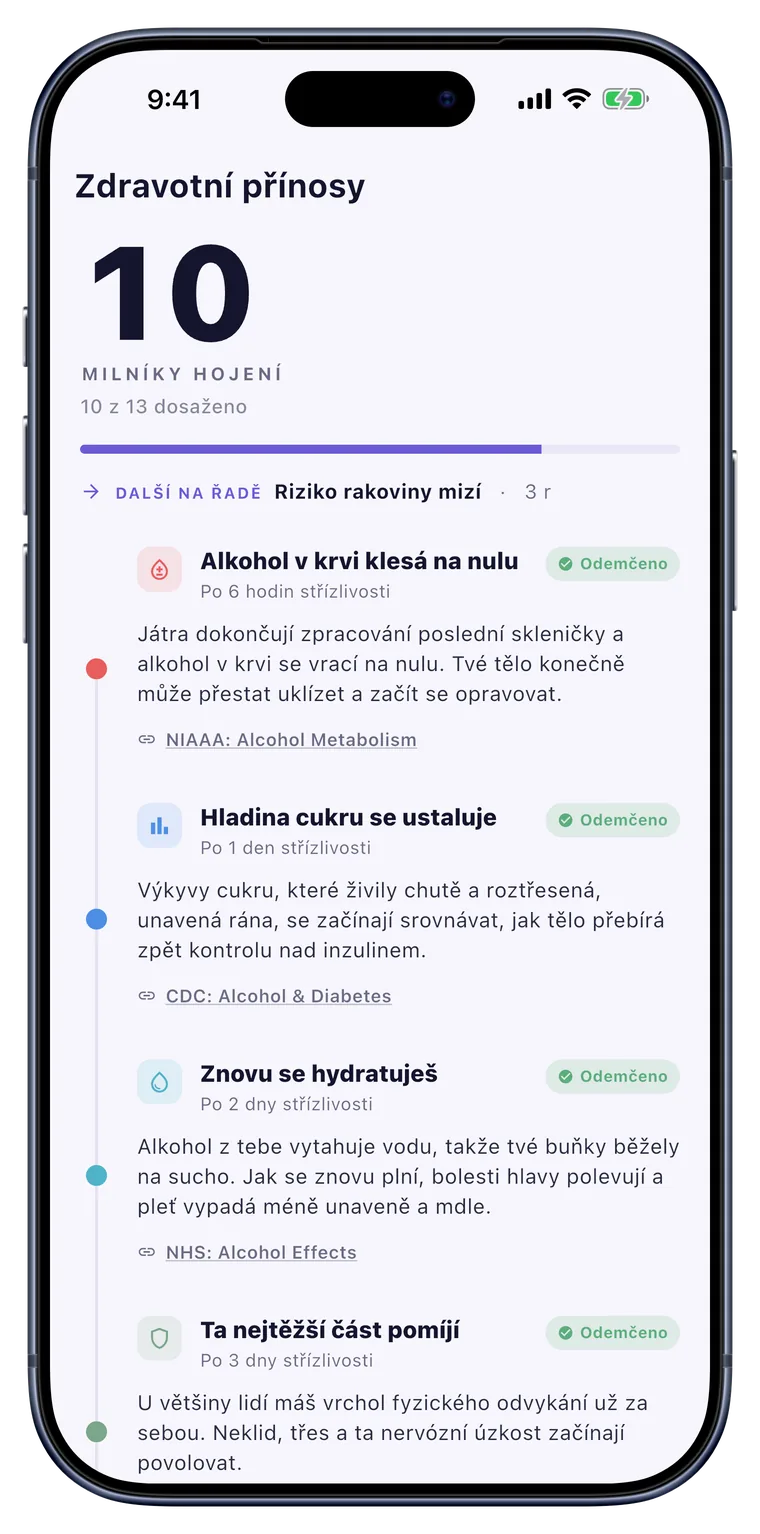 Zdraví: Milníky uzdravování v těle, na časové ose.