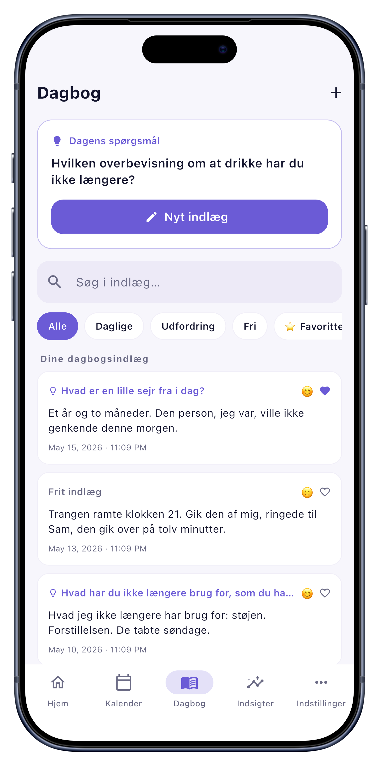 Dagbog screen of Sober Tracker
