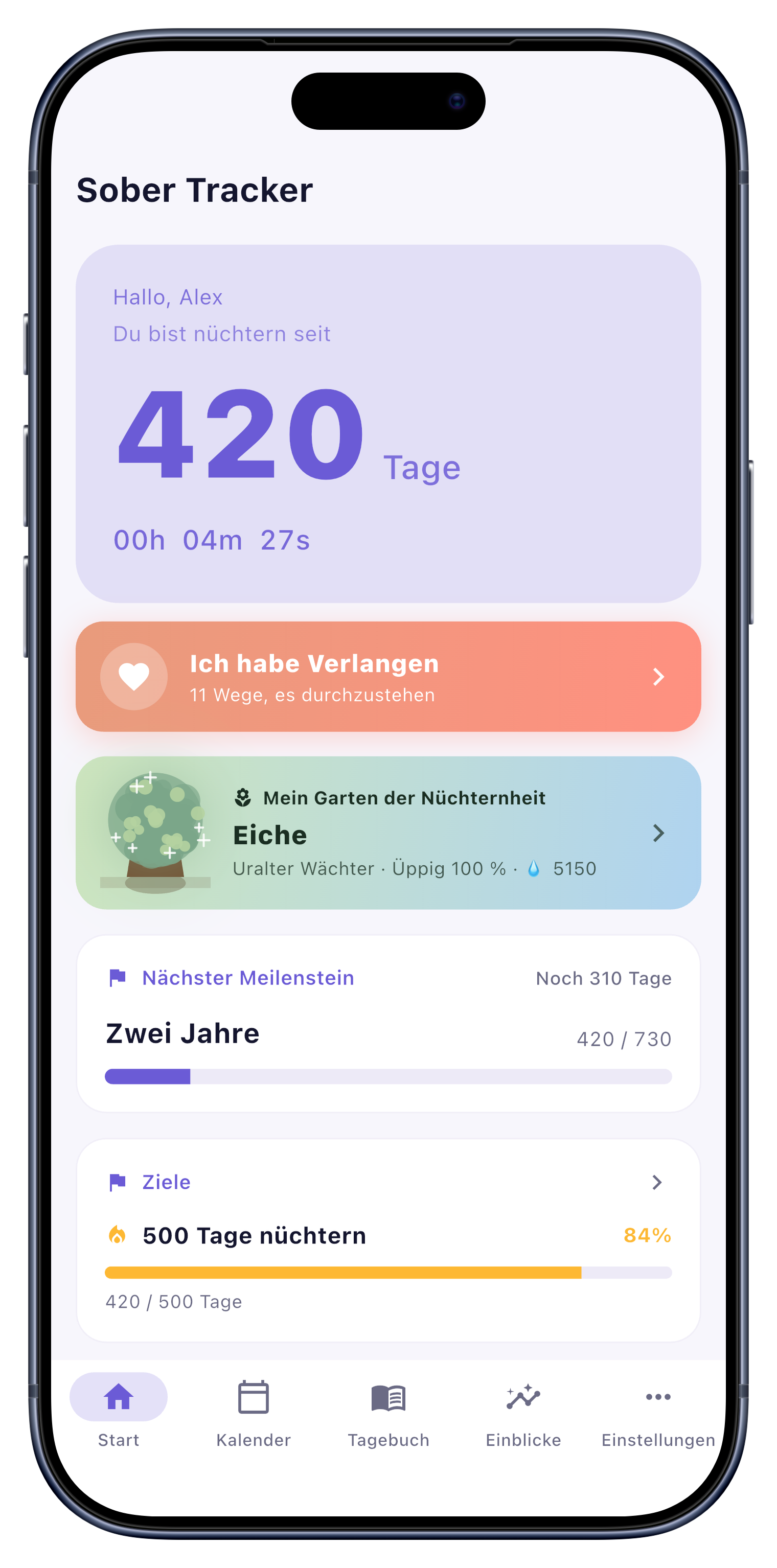 Startbildschirm mit Streak-Zähler und Genesungs-Garten