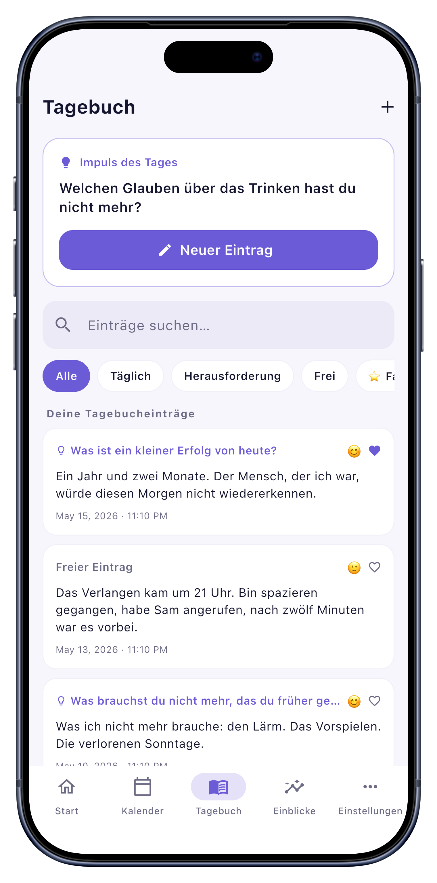 Journal screen of Sober Tracker