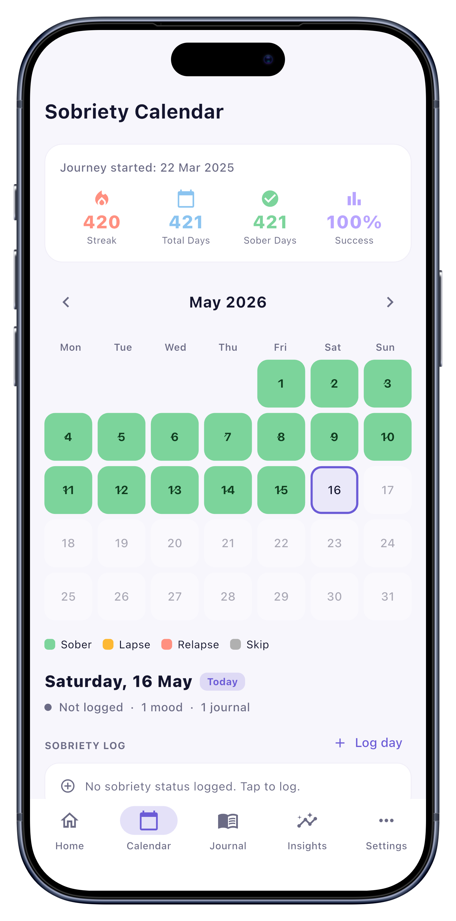 Calendar screen of Sober Tracker
