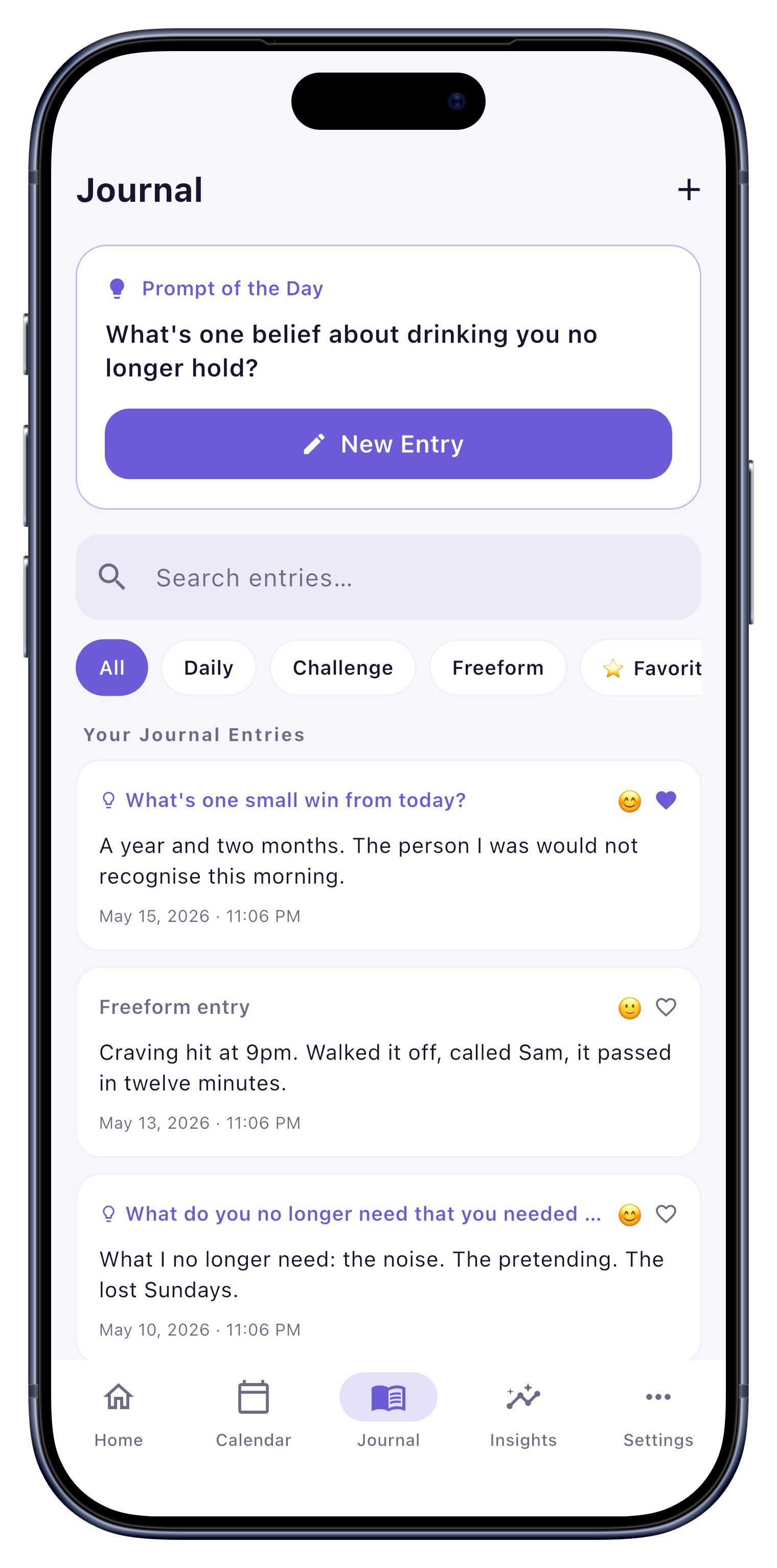 Journal screen of Sober Tracker