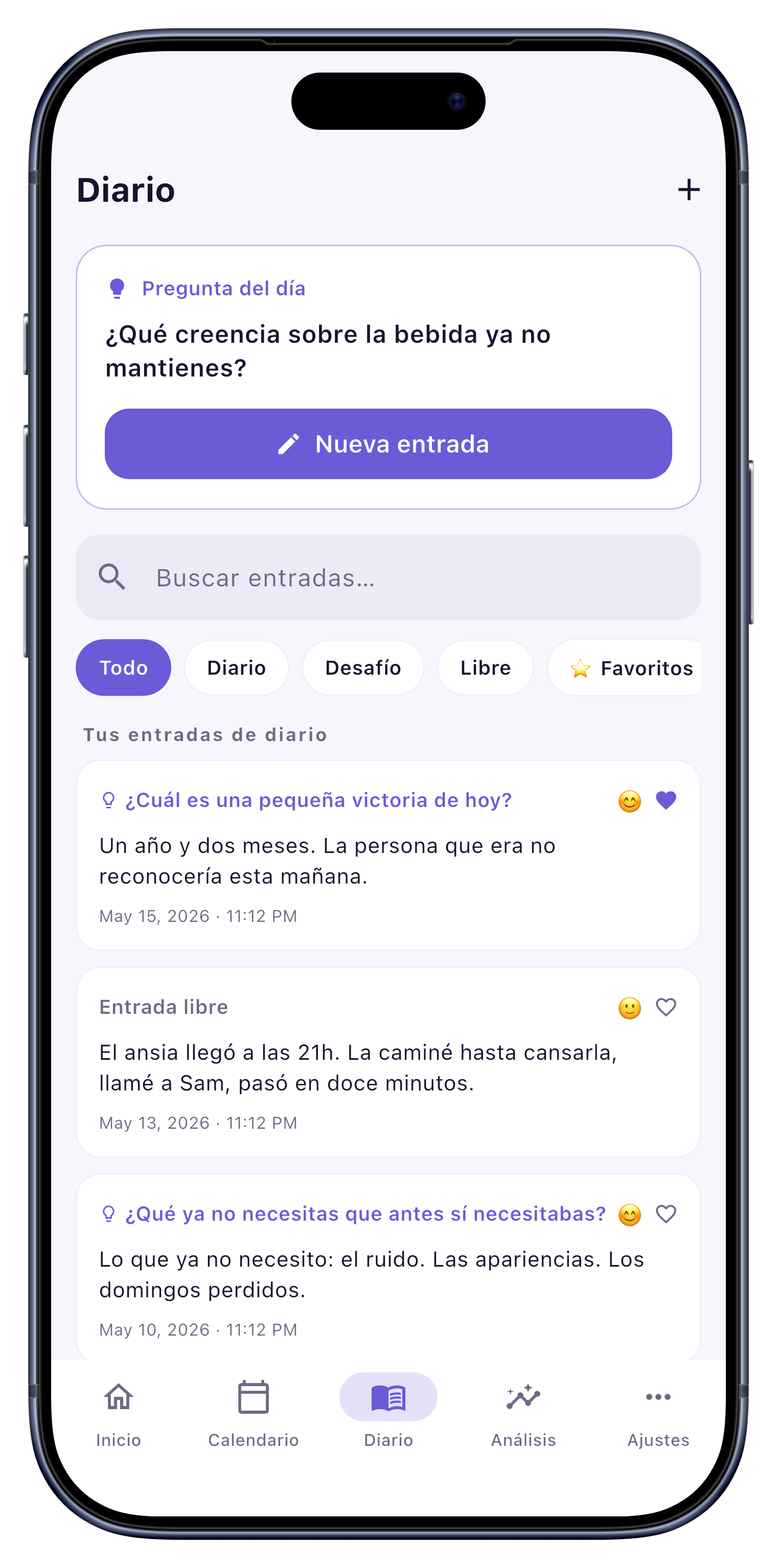 Diario screen of Sober Tracker