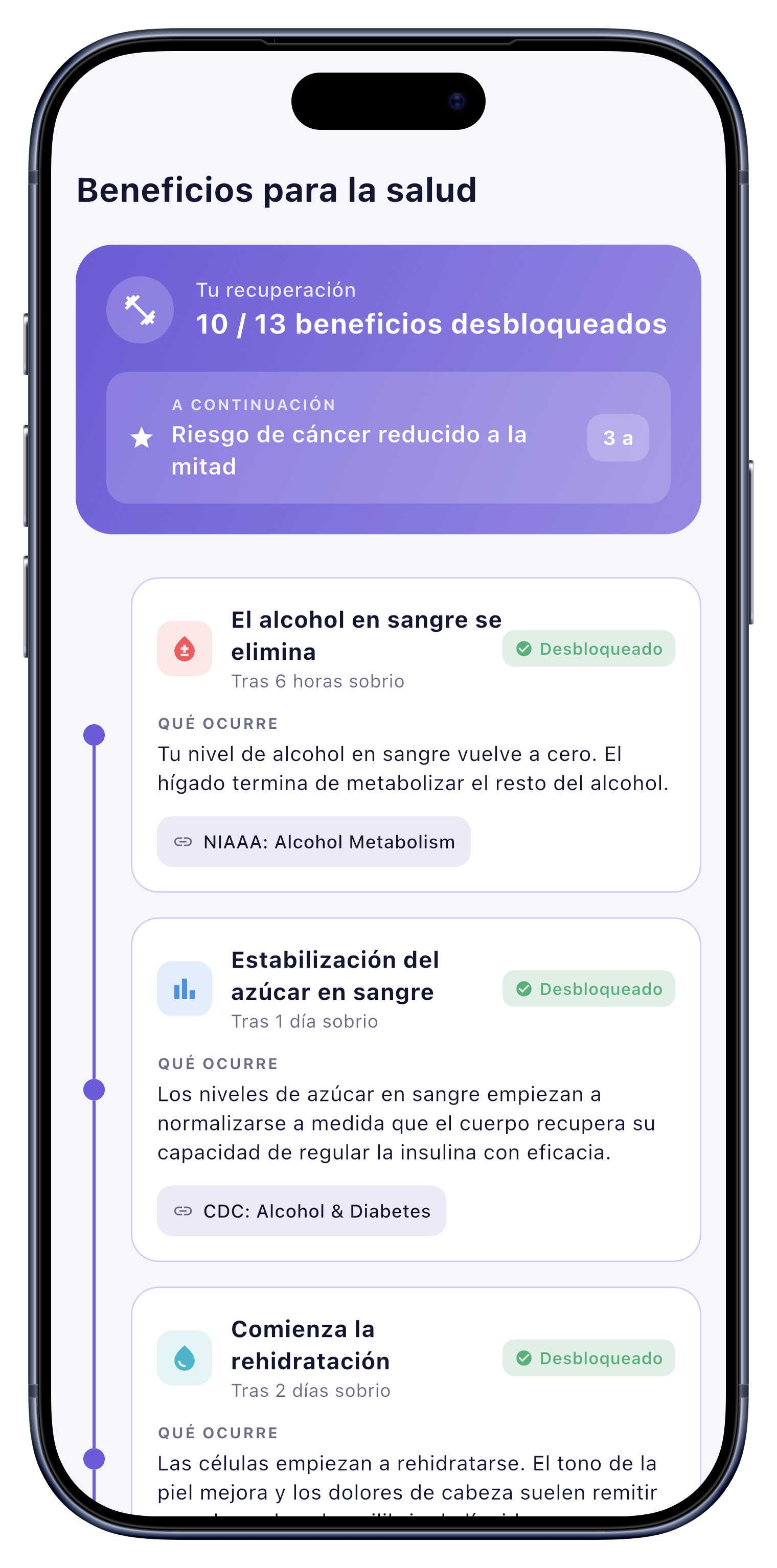 Salud screen of Sober Tracker