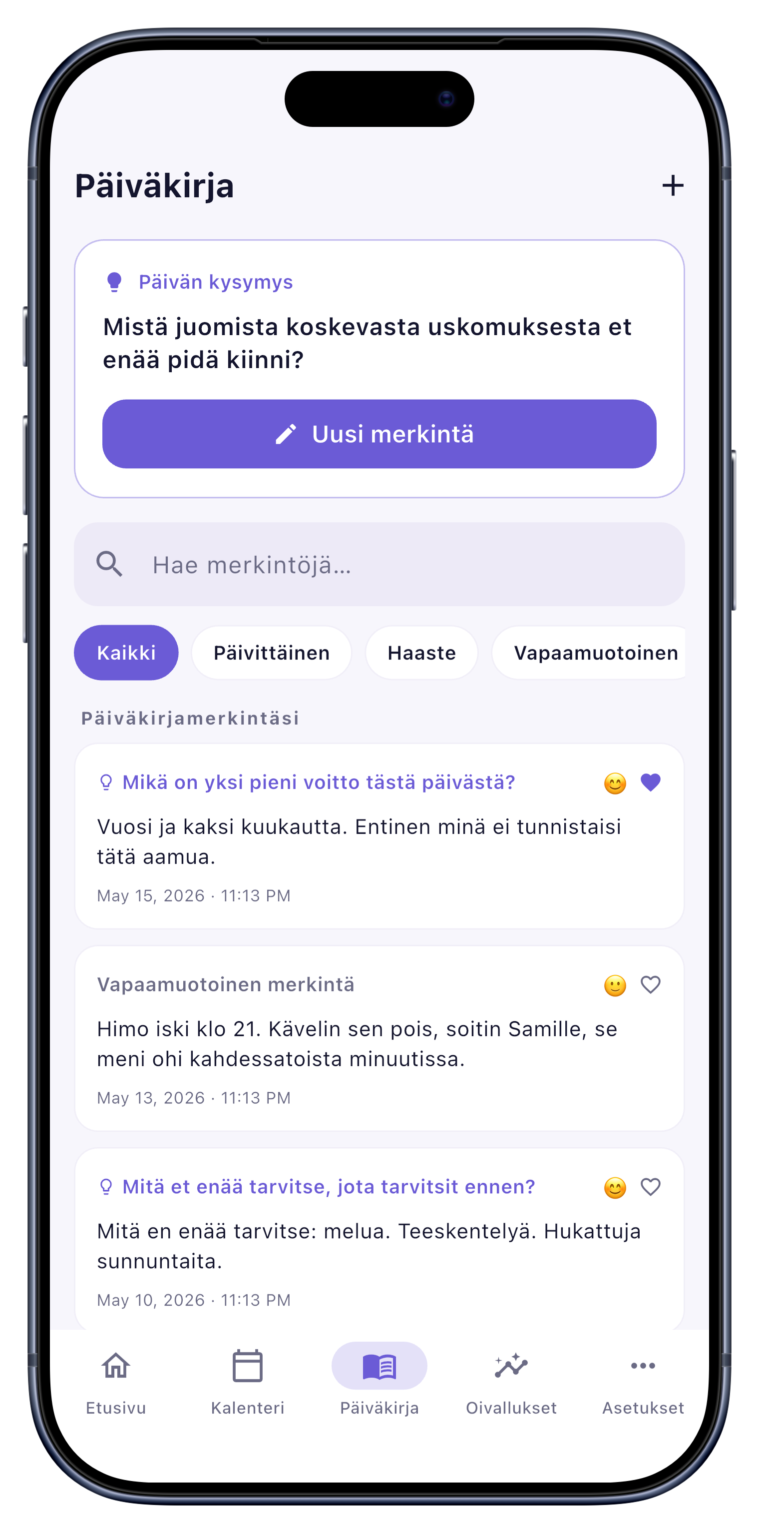 Päiväkirja screen of Sober Tracker