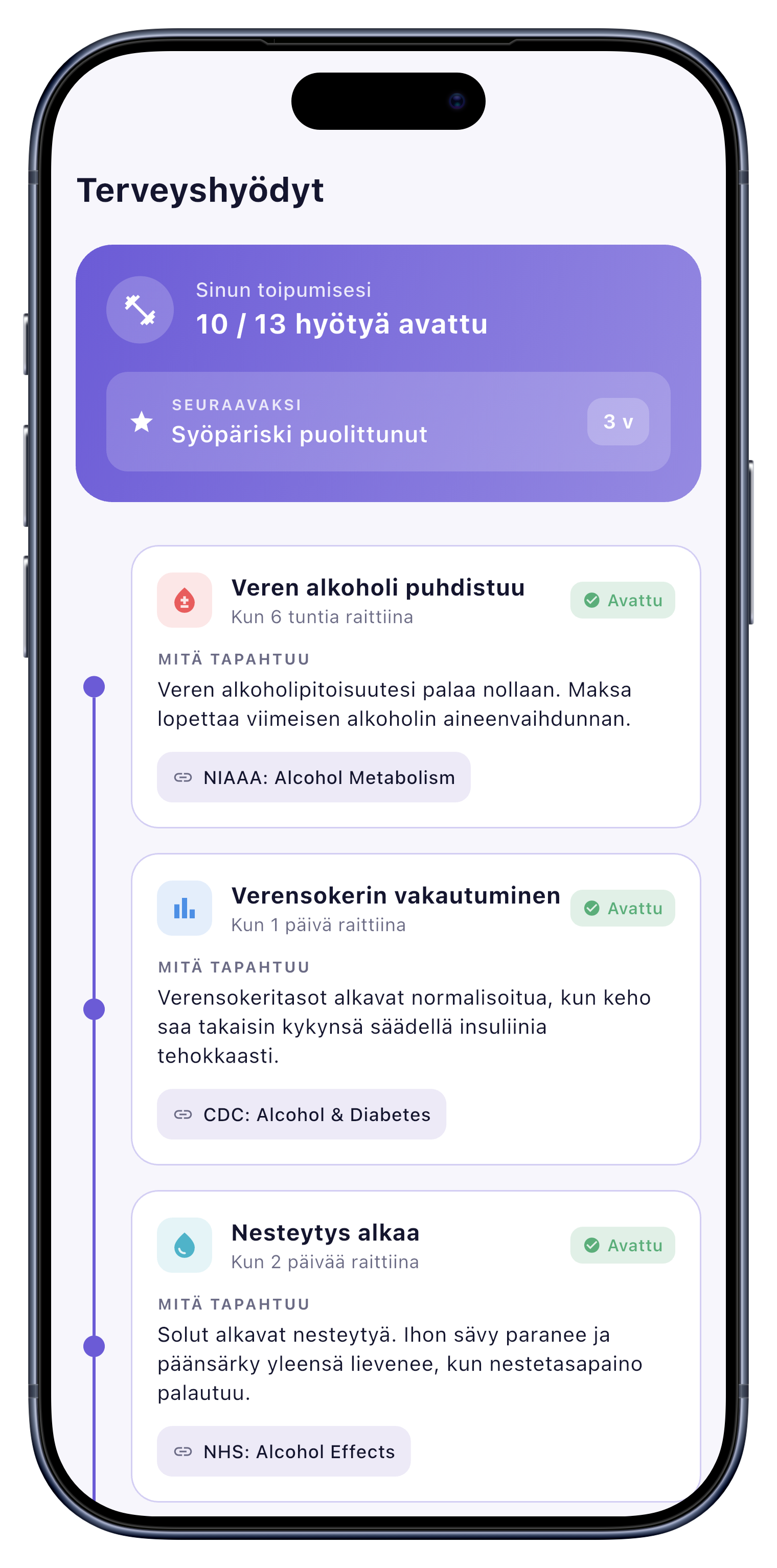 Terveys screen of Sober Tracker