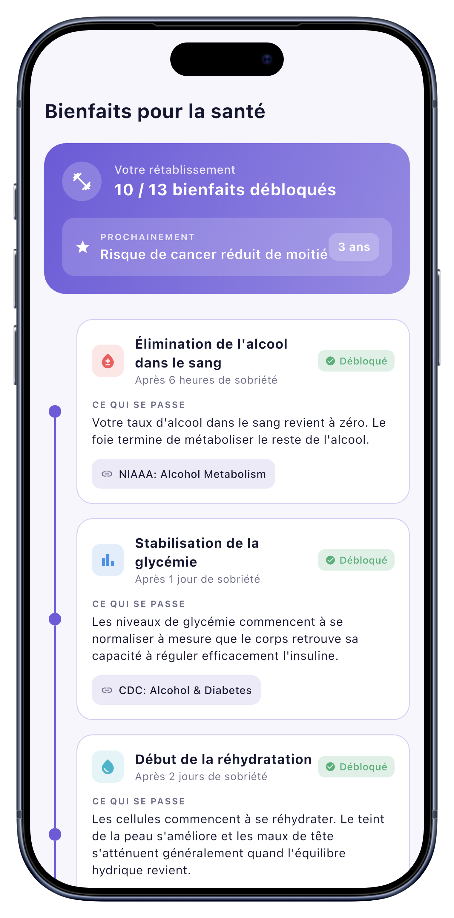 Santé screen of Sober Tracker