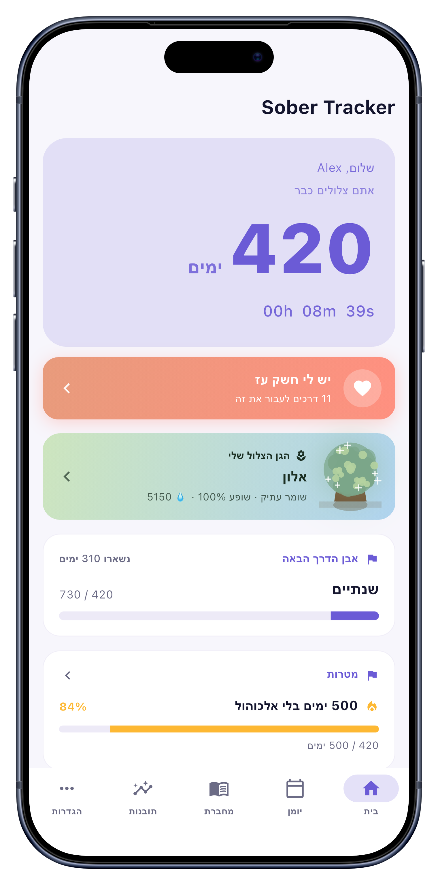 מסך הבית עם מונה הפיכחון וגינת ההחלמה