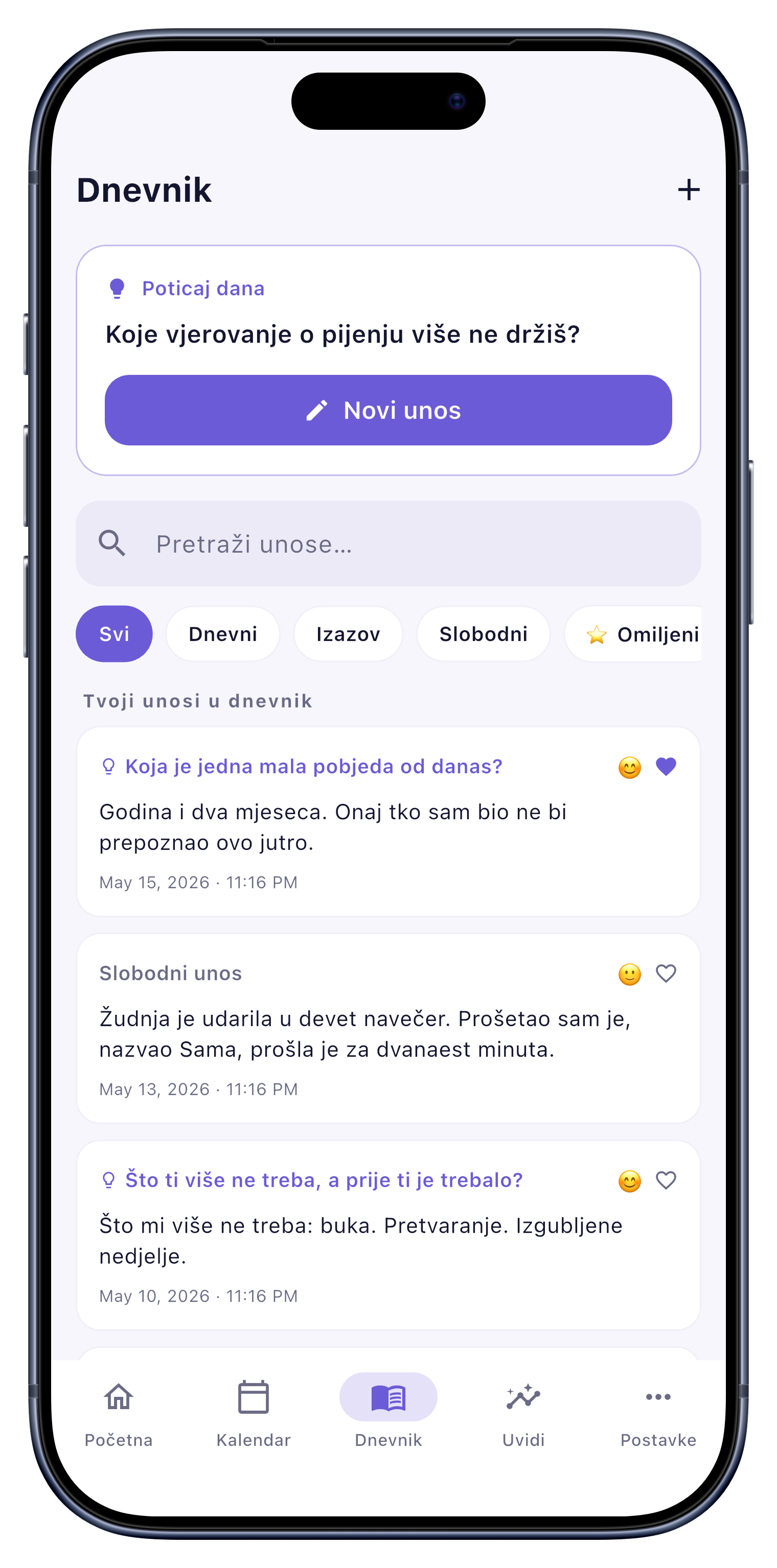 Dnevnik screen of Sober Tracker
