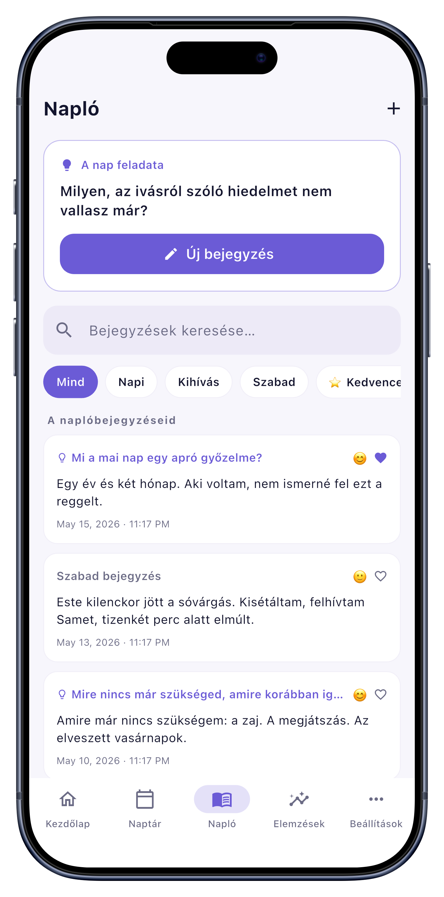 Napló screen of Sober Tracker