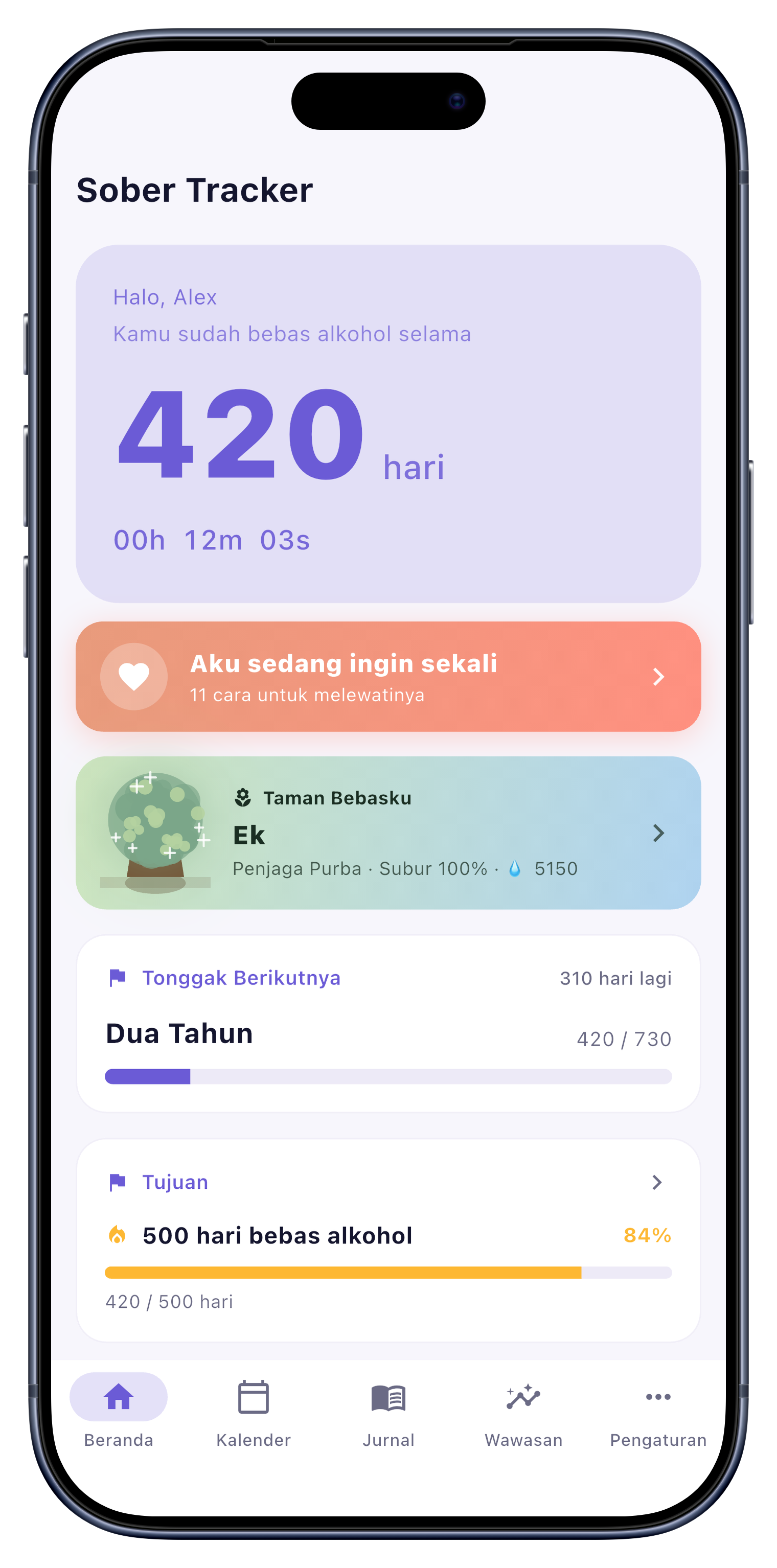 Layar beranda menampilkan penghitung streak sober dan taman pemulihan
