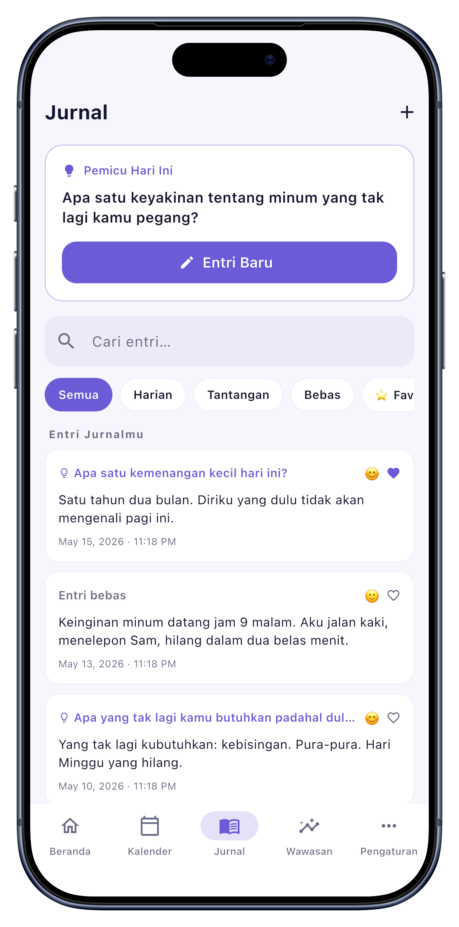 Jurnal screen of Sober Tracker