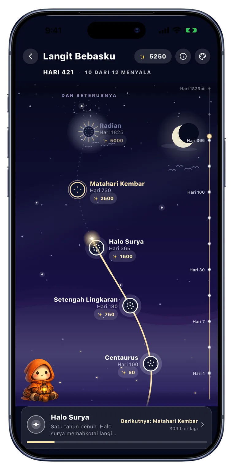 Layar Langit Pemulihan dengan langit malam berisi bintang-bintang yang telah diraih
