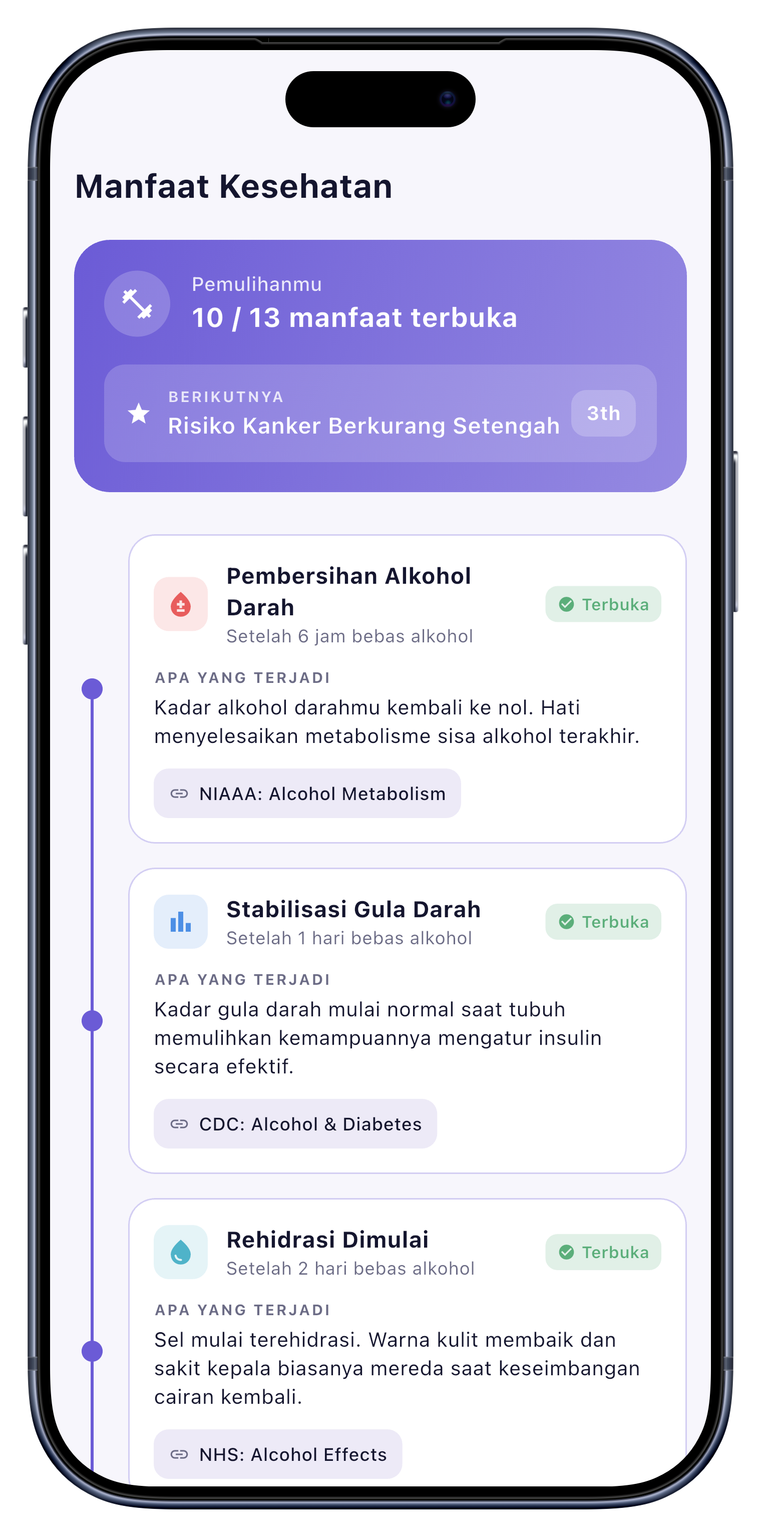 Kesehatan screen of Sober Tracker
