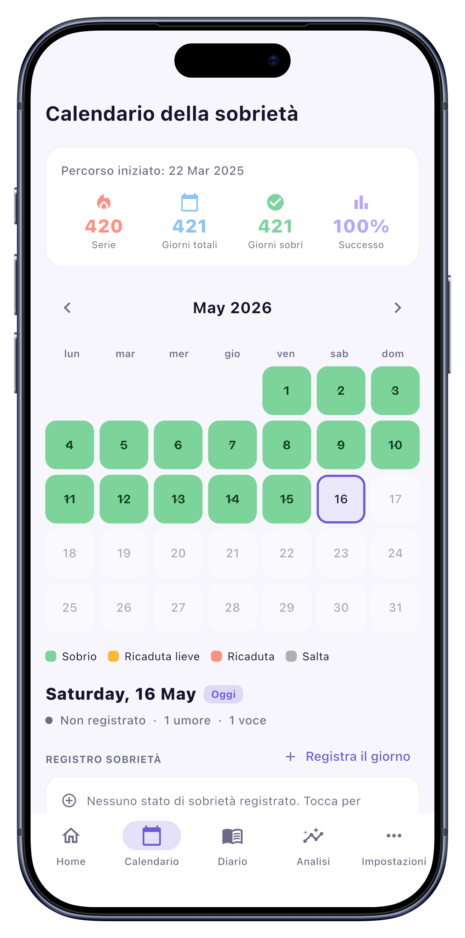 Calendario screen of Sober Tracker
