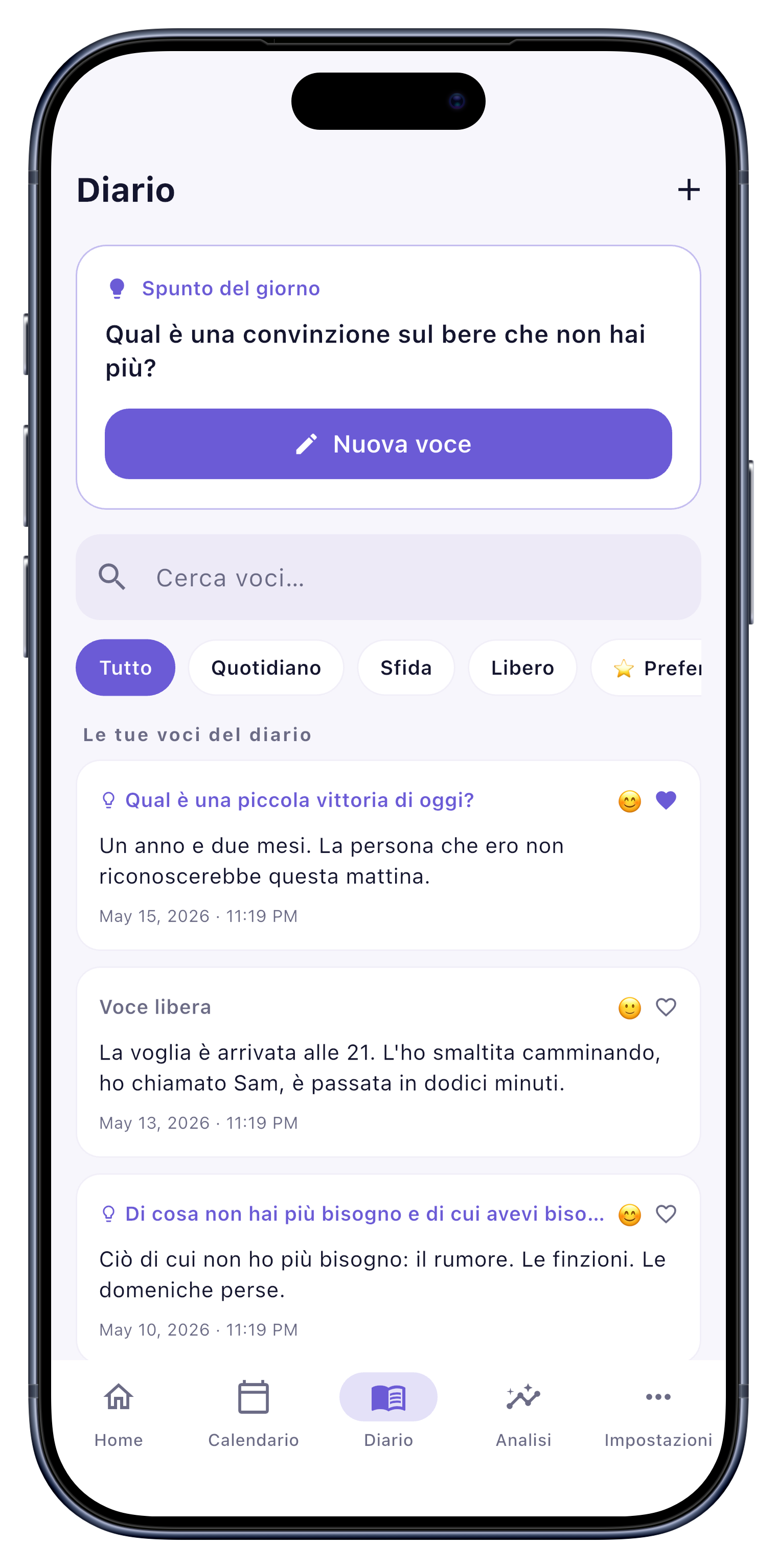 Diario screen of Sober Tracker