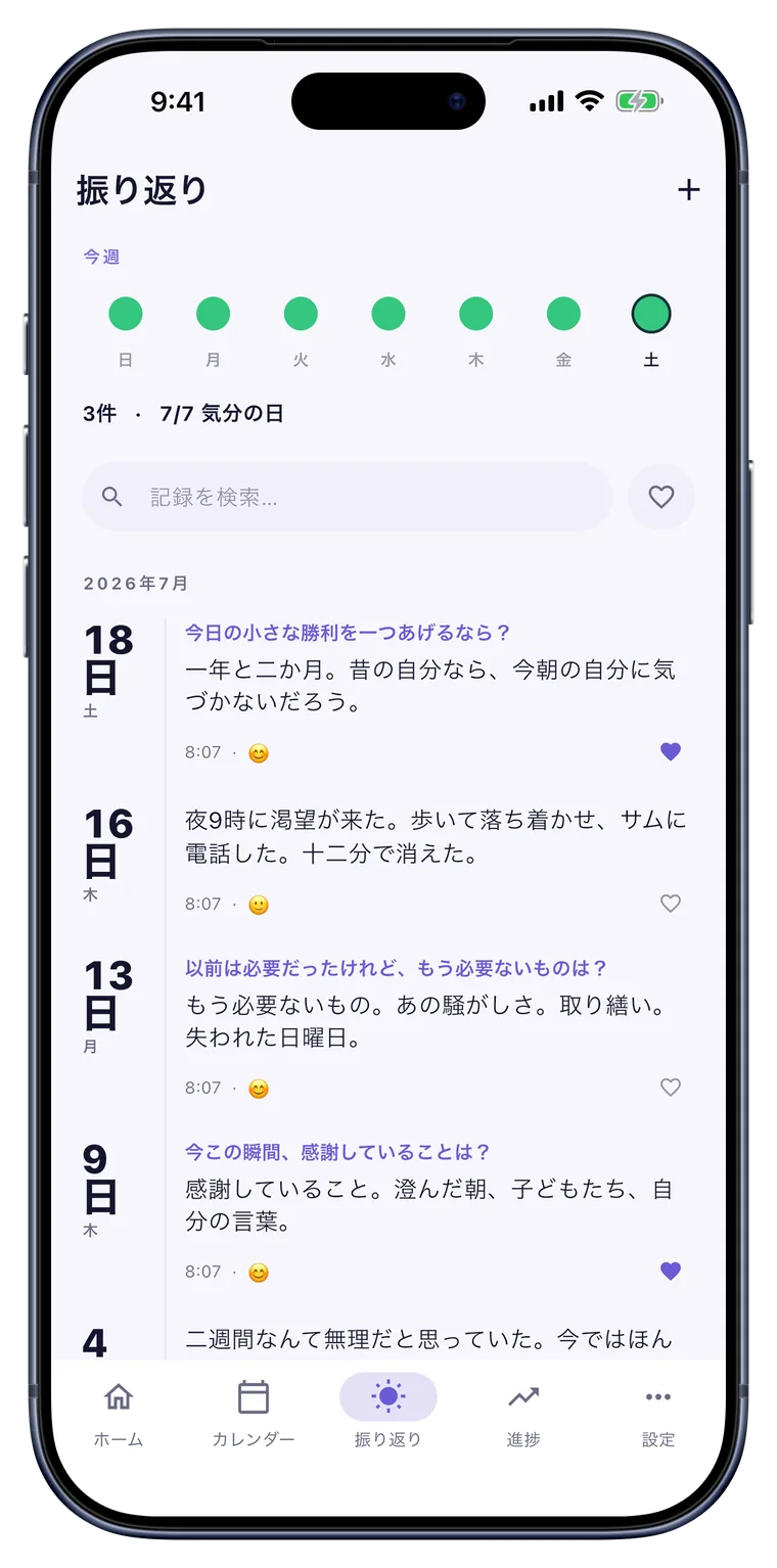 振り返り: 気分、感謝、衝動。あなた自身の言葉で。