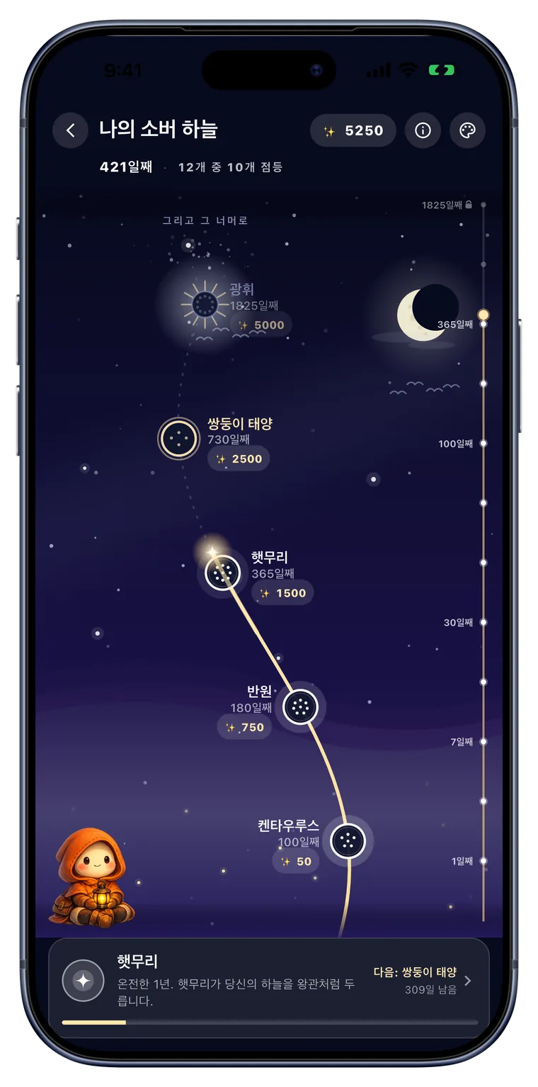 얻은 별들로 채워진 밤하늘을 보여 주는 회복 하늘 화면