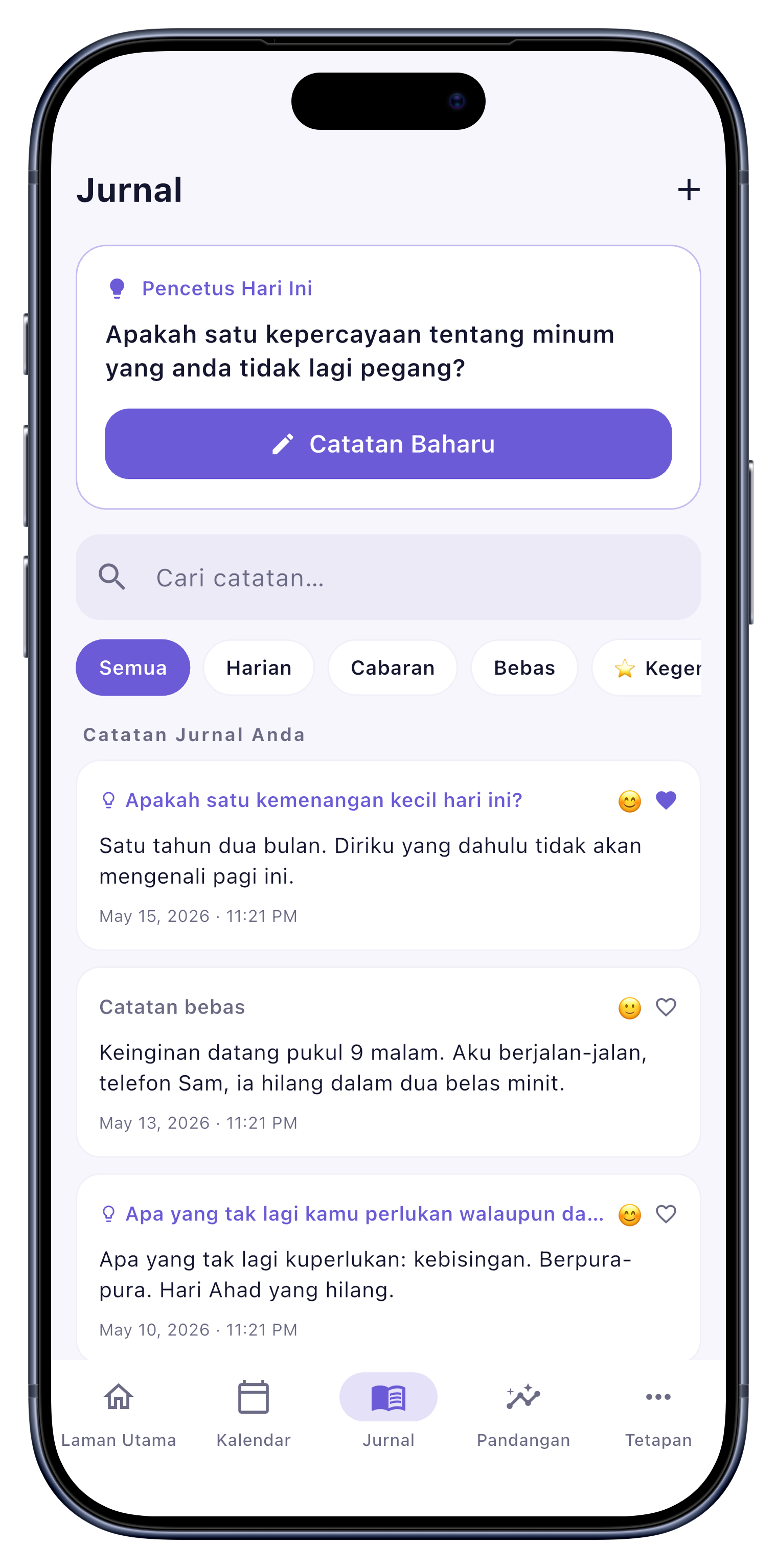 Jurnal screen of Sober Tracker