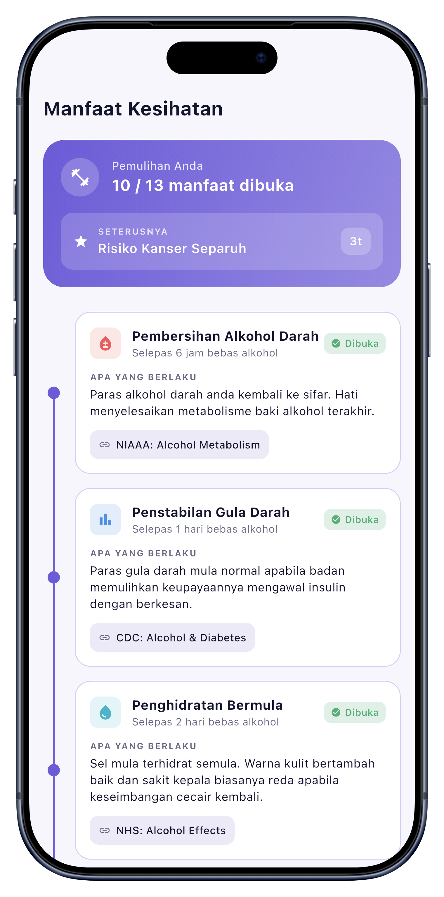 Kesihatan screen of Sober Tracker