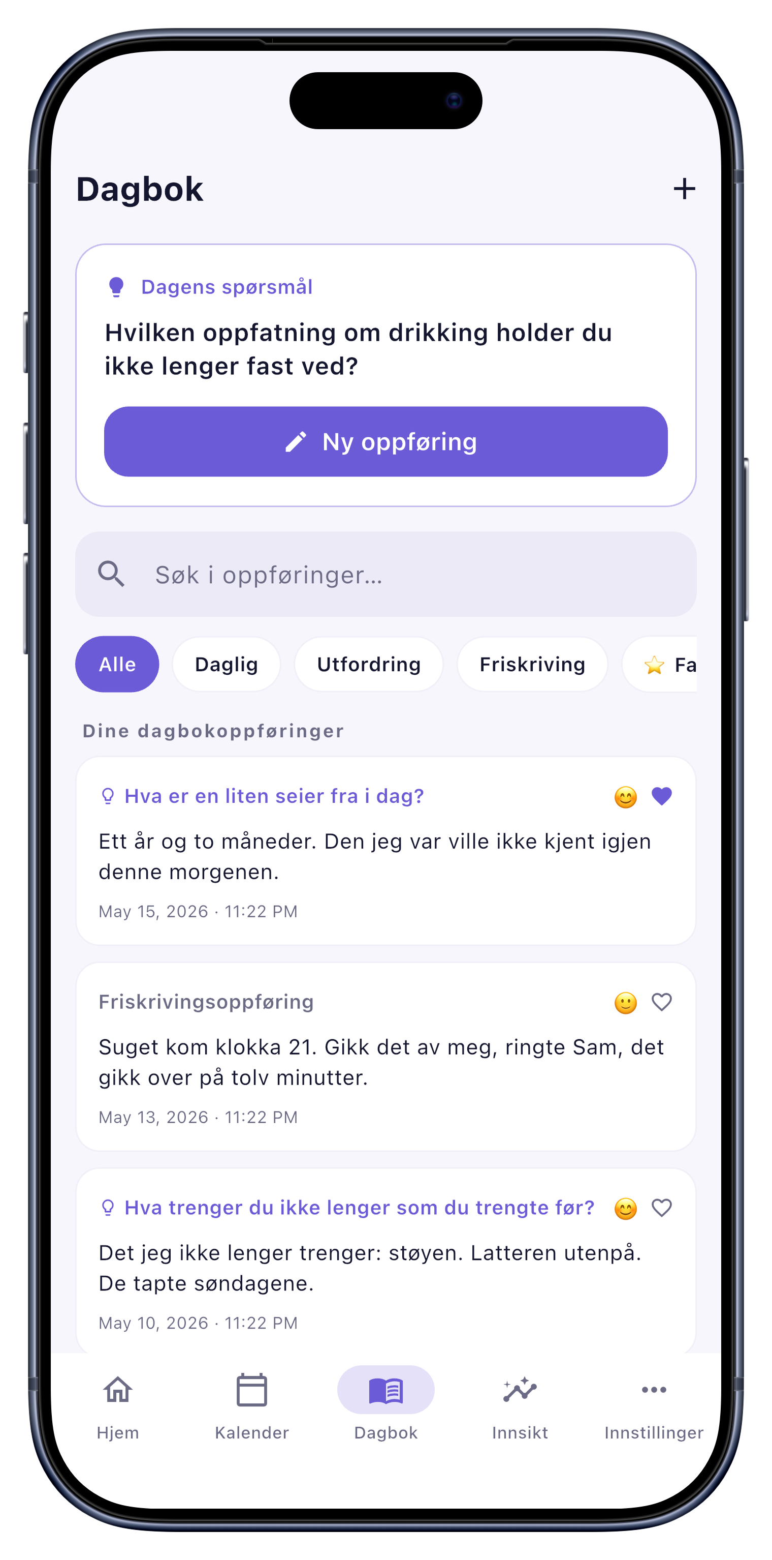 Dagbok screen of Sober Tracker
