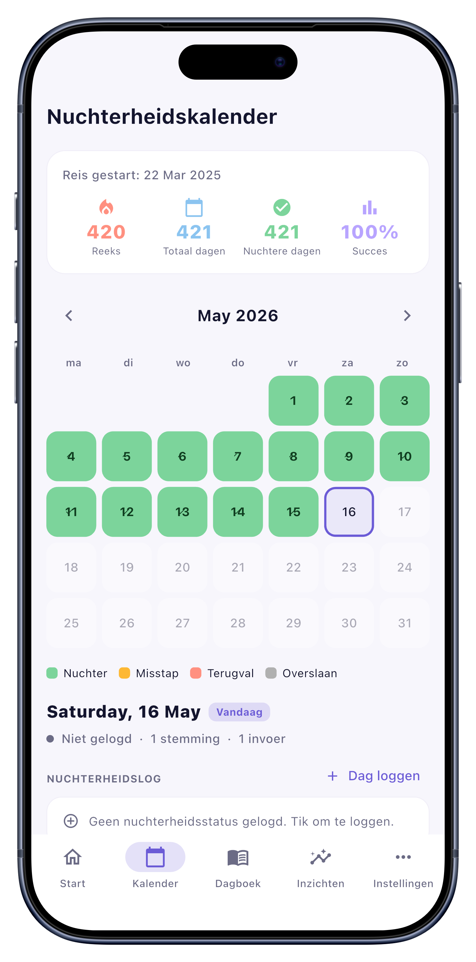 Kalender screen of Sober Tracker