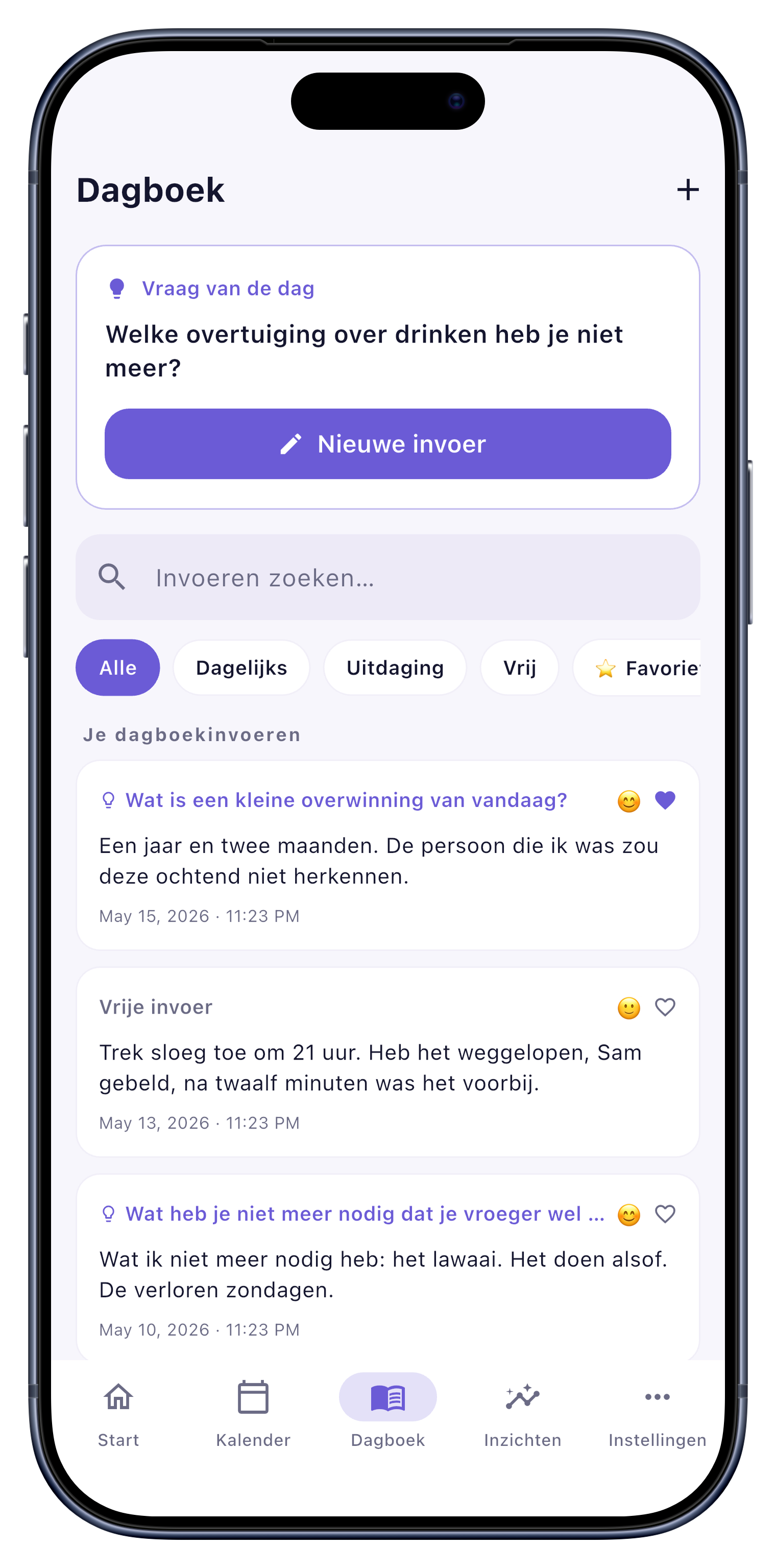 Dagboek screen of Sober Tracker