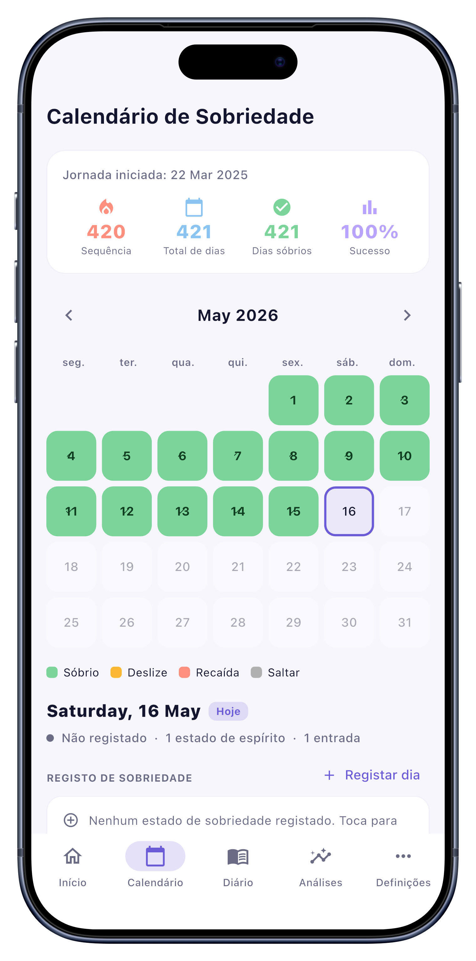 Calendário screen of Sober Tracker
