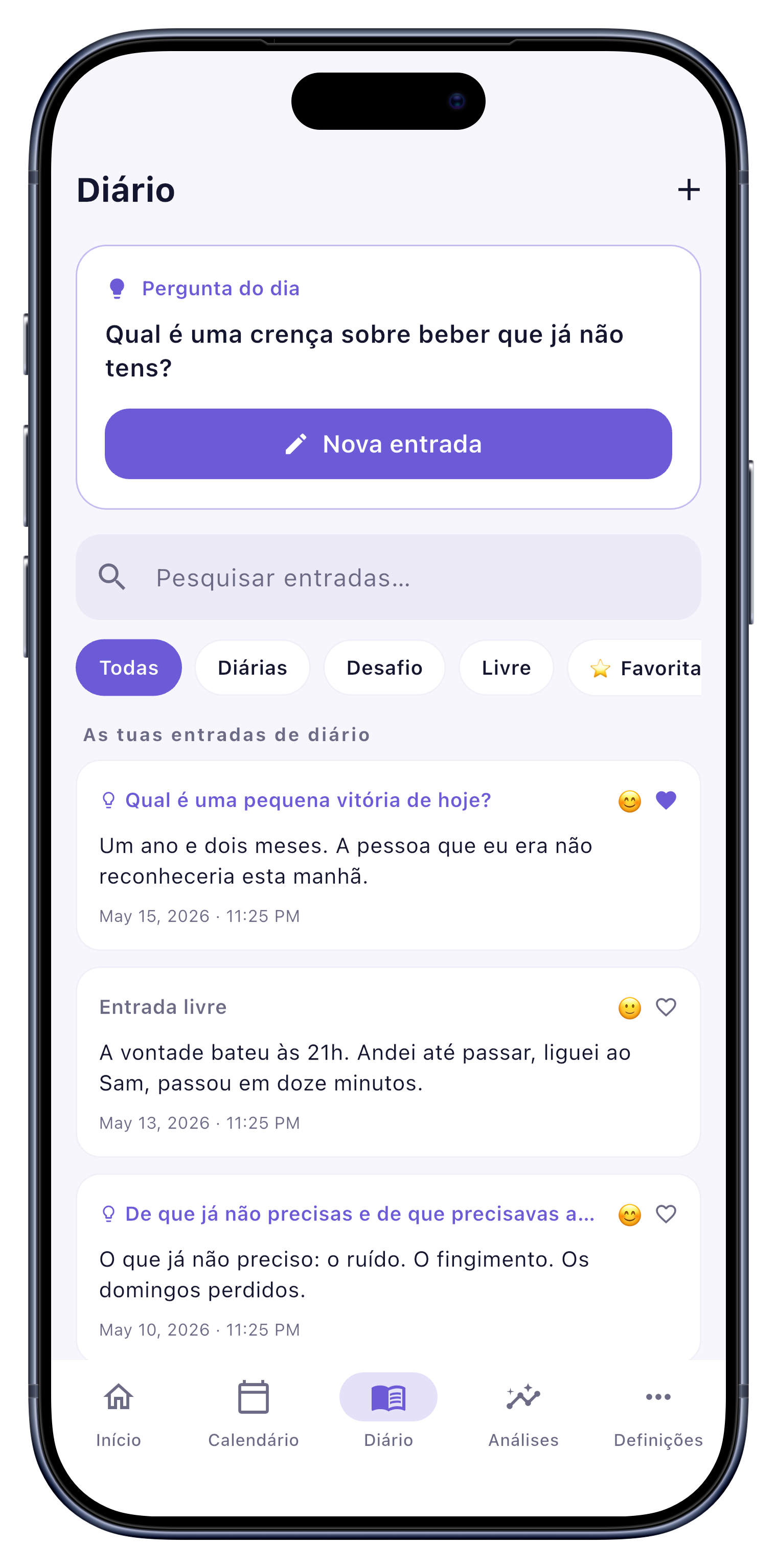 Diário screen of Sober Tracker