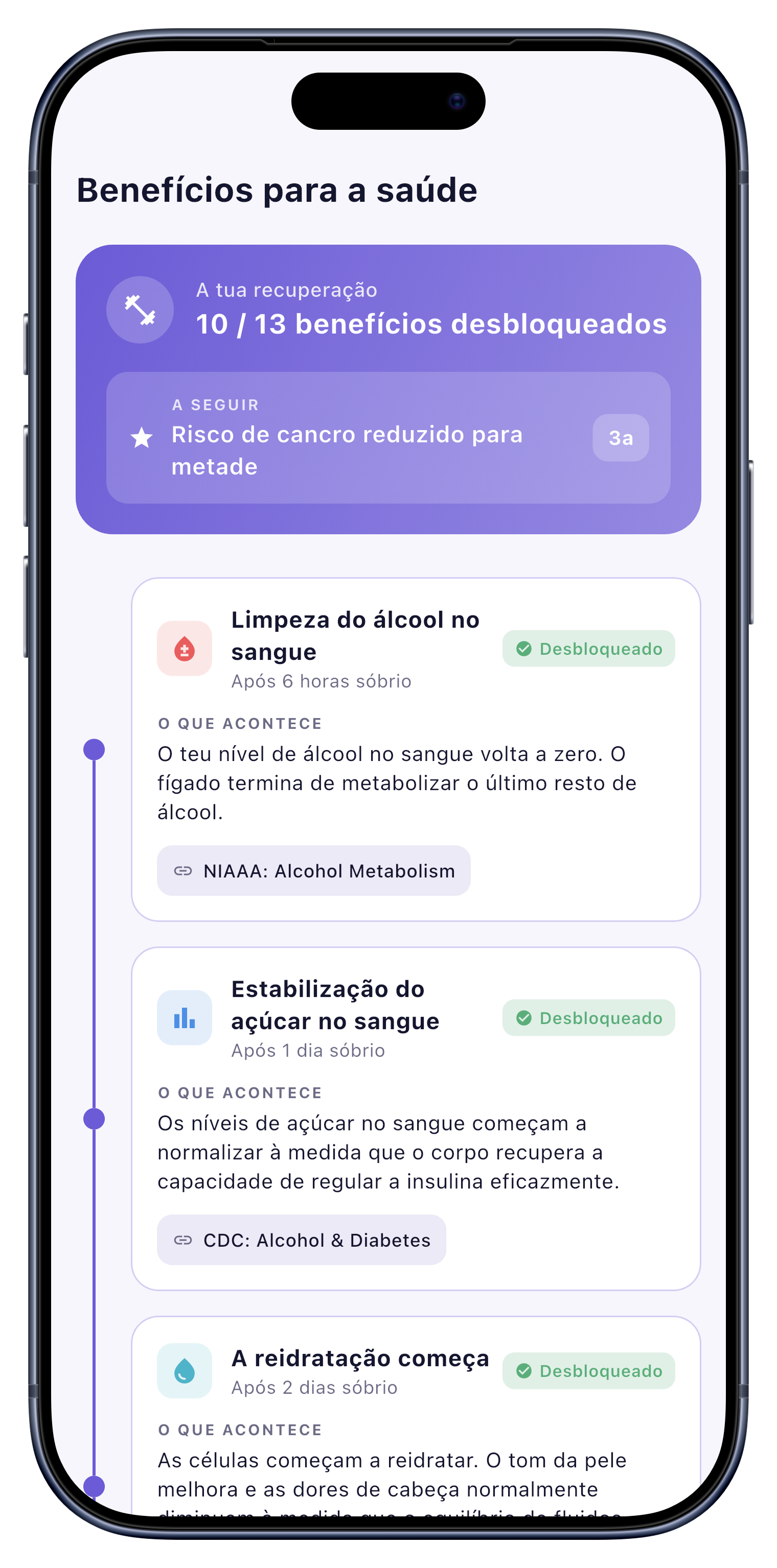 Saúde screen of Sober Tracker