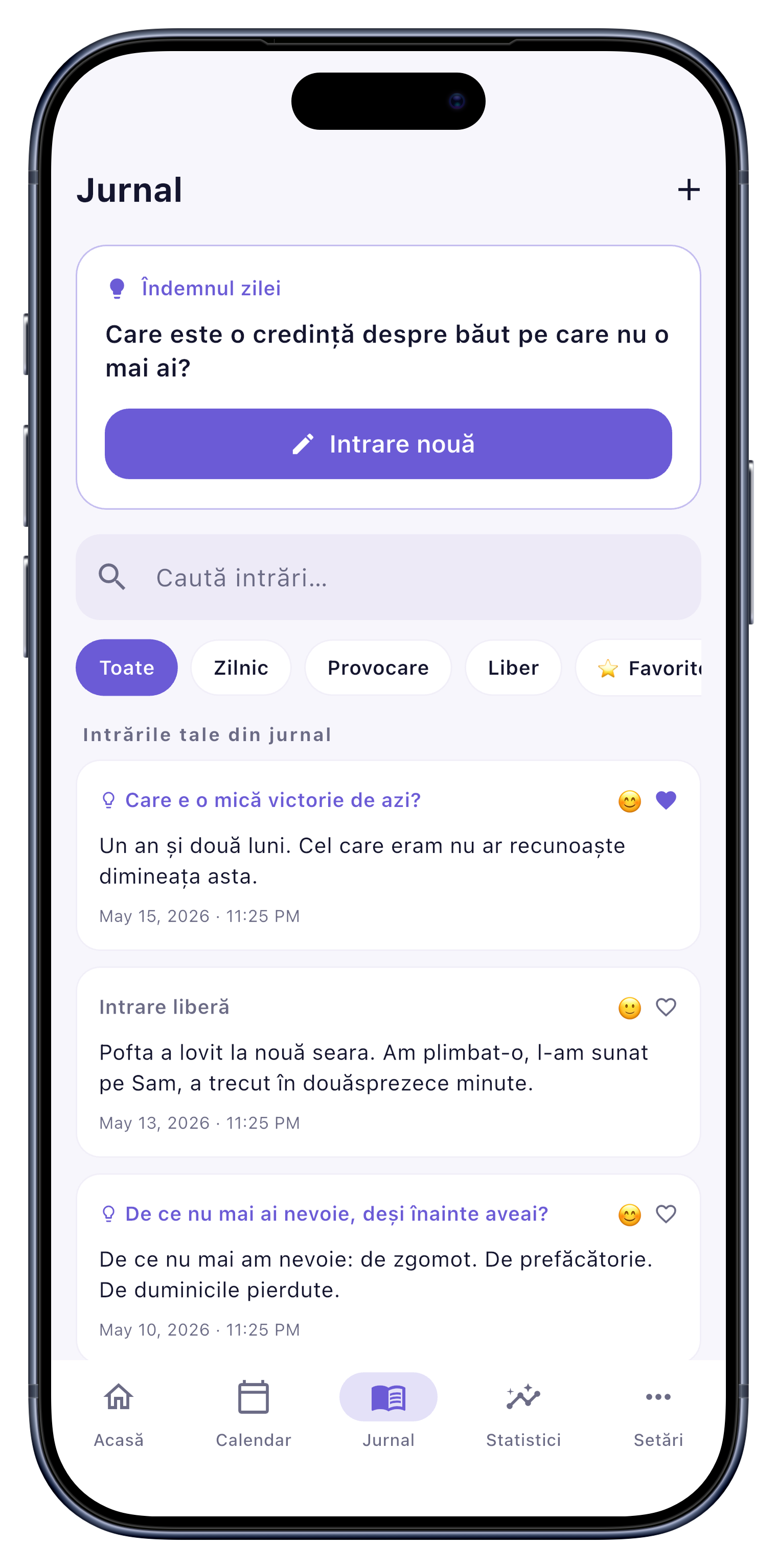 Jurnal screen of Sober Tracker