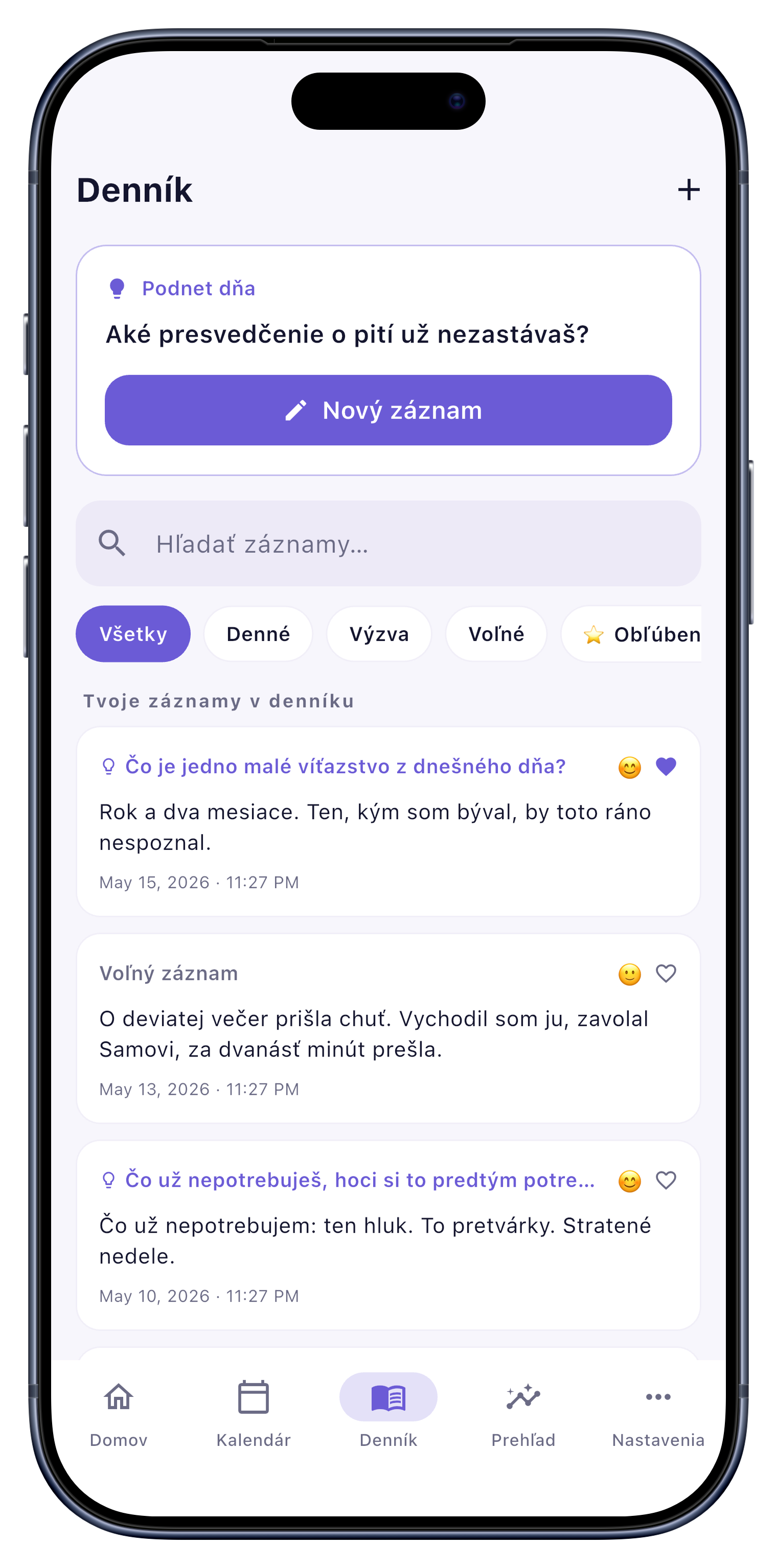 Denník screen of Sober Tracker