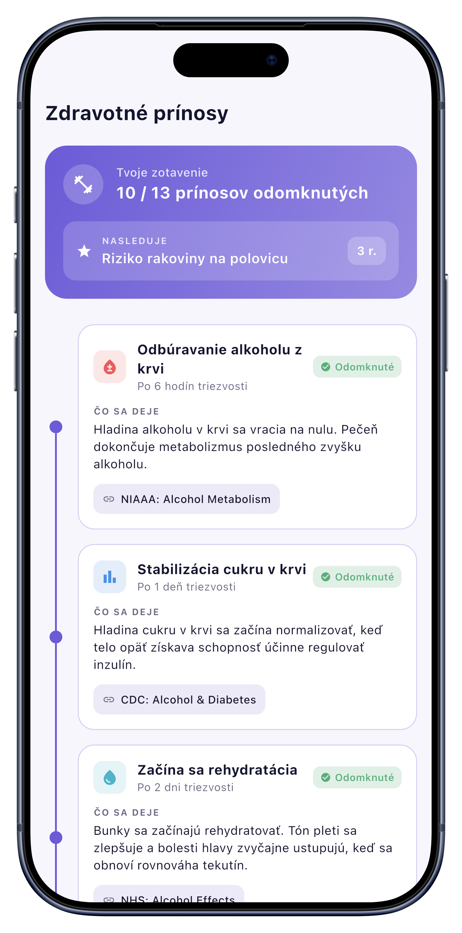 Zdravie screen of Sober Tracker