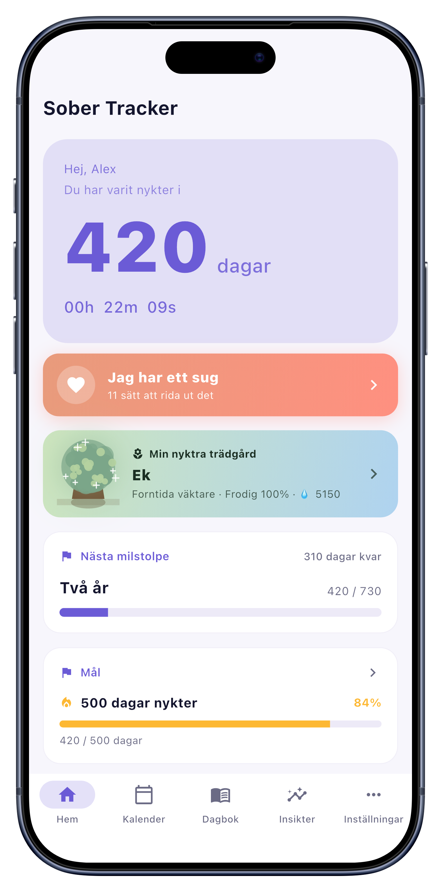Startskärm med räknare för nyktra dagar och återhämtningsträdgård