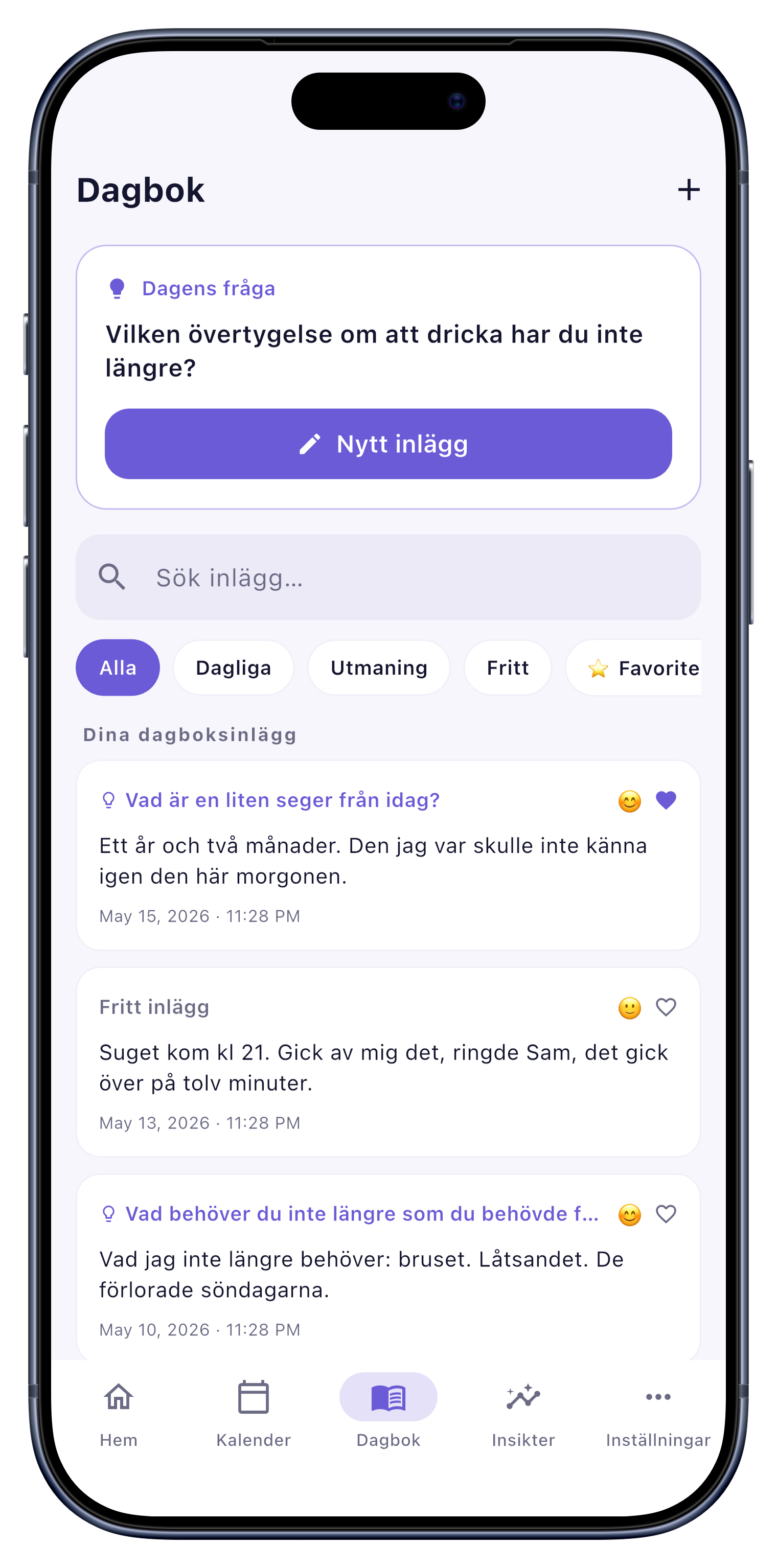 Dagbok screen of Sober Tracker