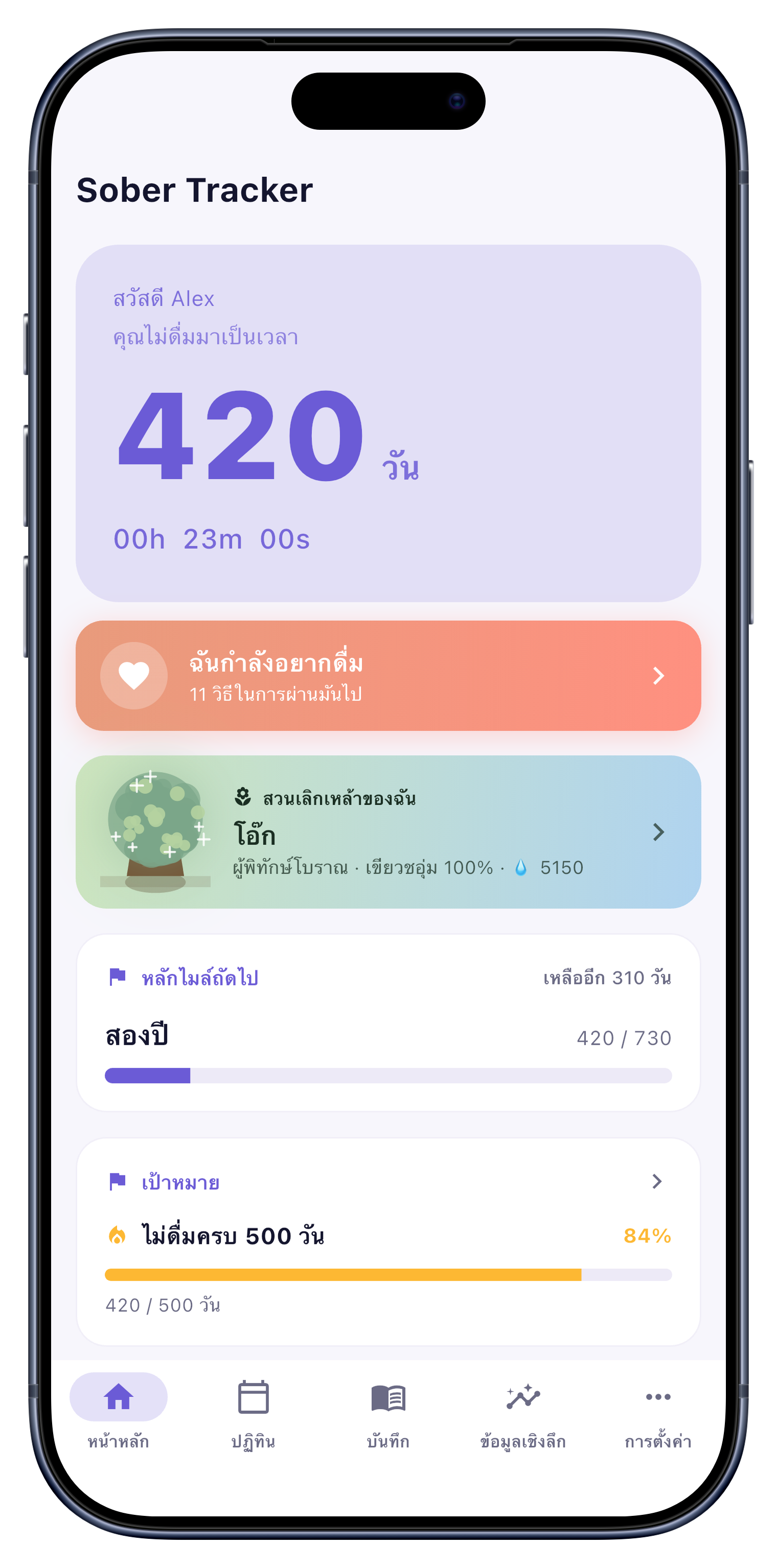 หน้าจอหลักที่แสดงสตรีควันไม่ดื่มและสวนแห่งการฟื้นตัว