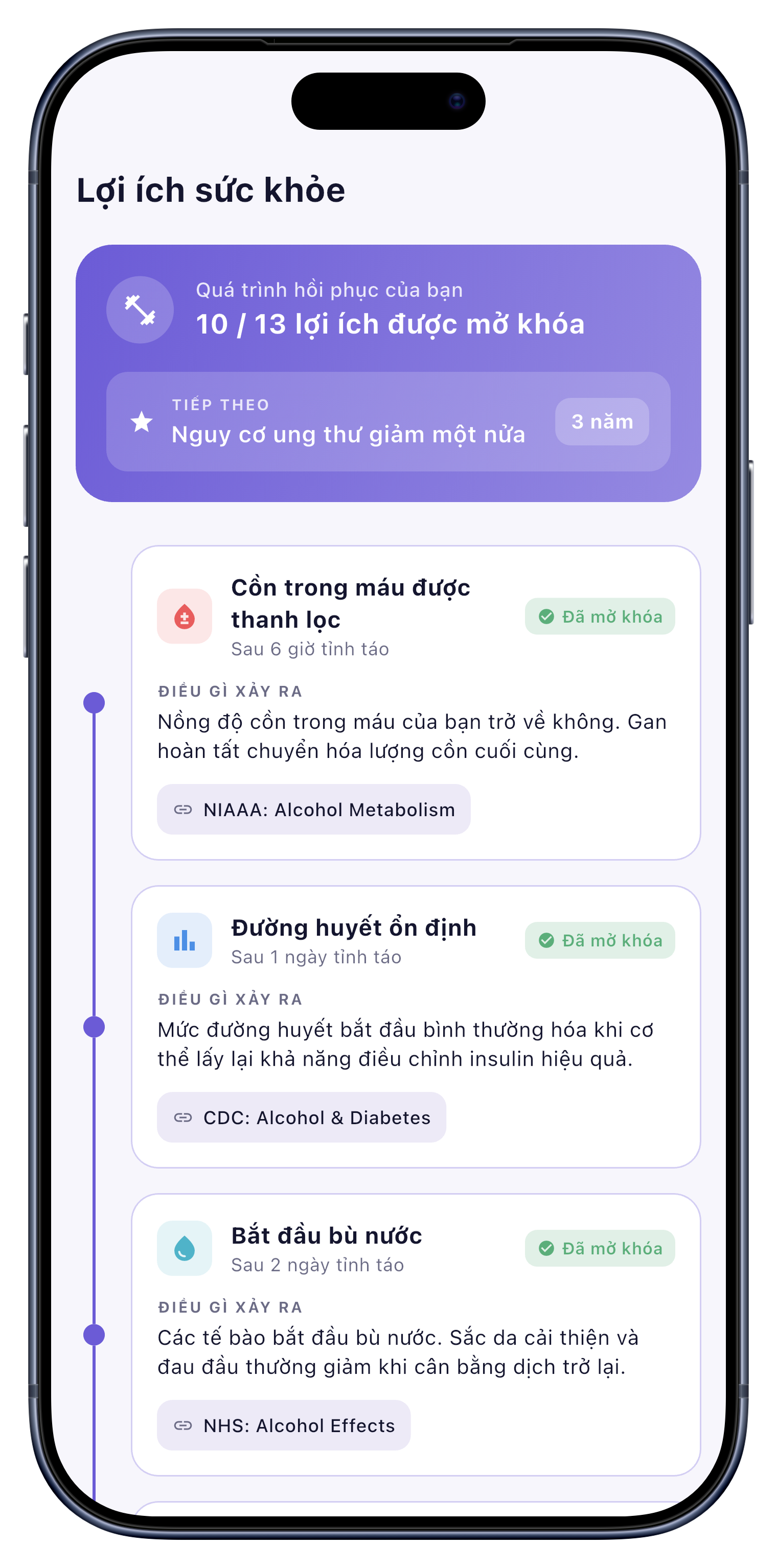 Sức khỏe screen of Sober Tracker